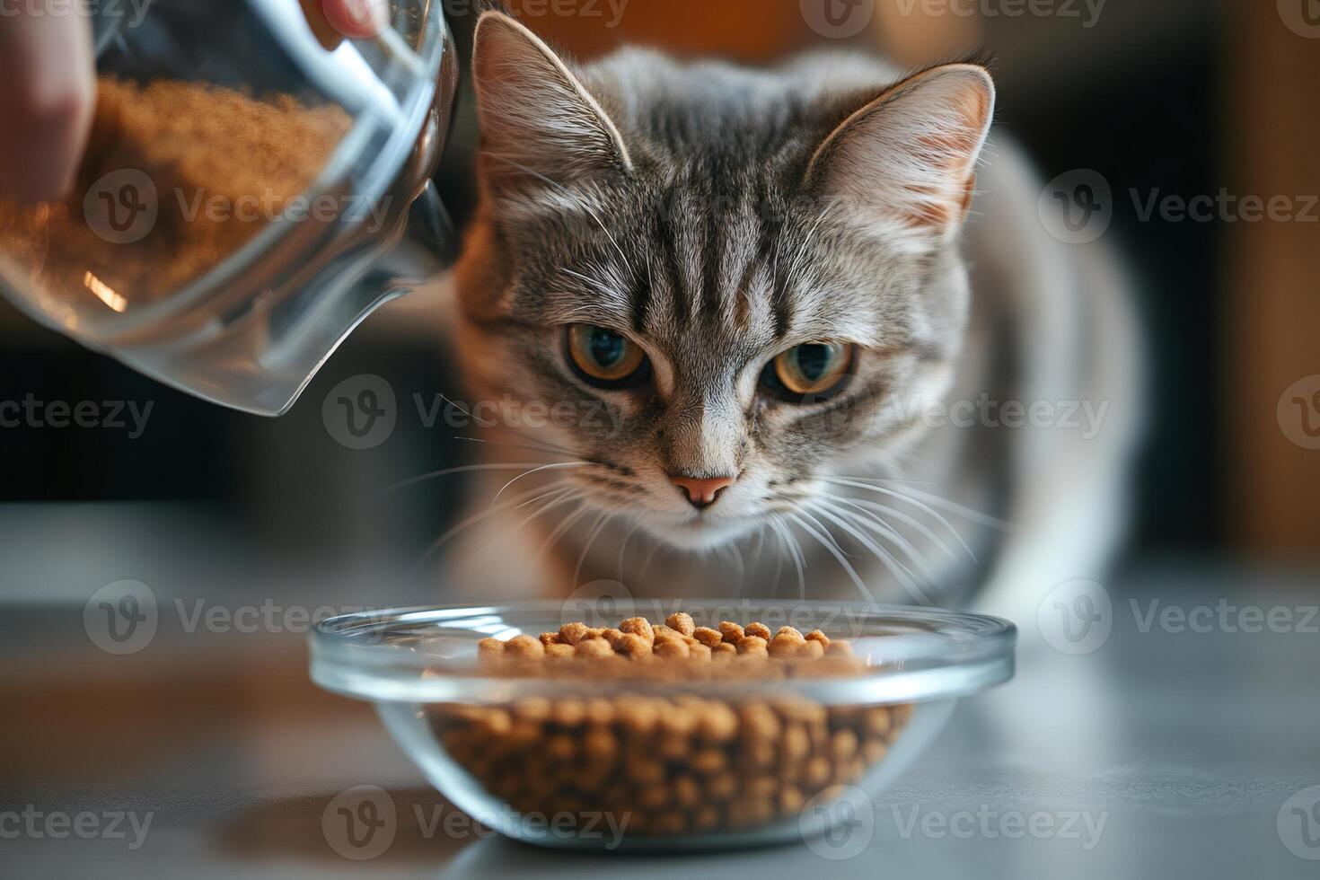 Owner pouring dry food into glass bowl for tabby cat photo
