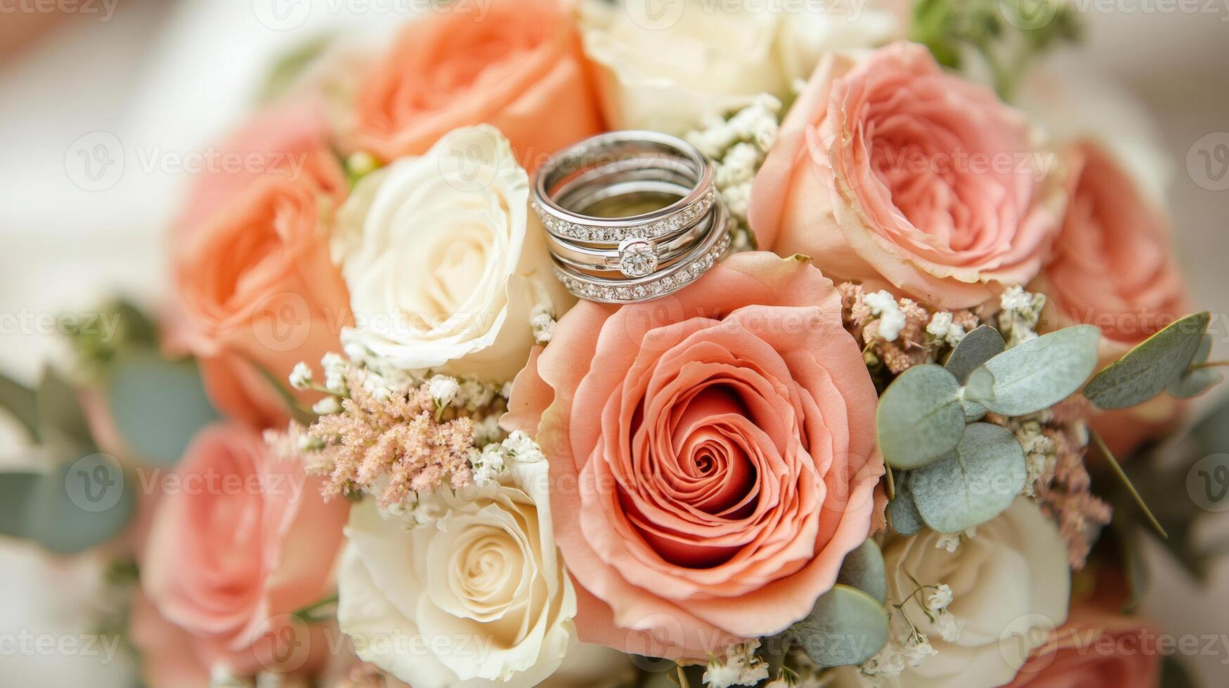 Wedding rings resting on a bouquet of orange and white roses photo