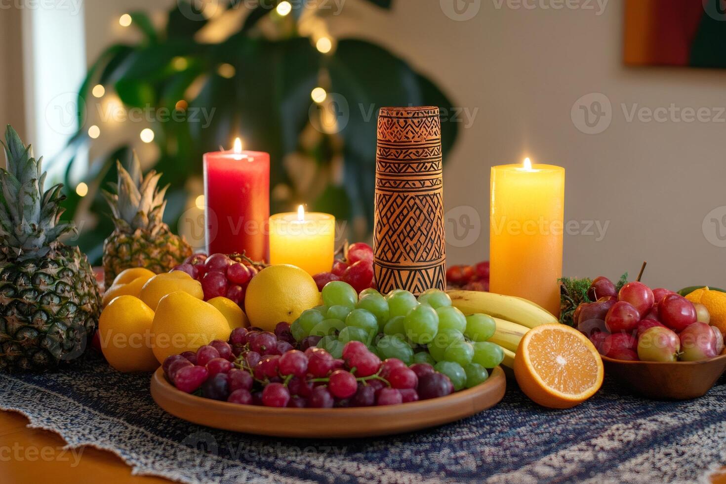 Lighted candles illuminating a cornucopia of fruits on a table setting photo