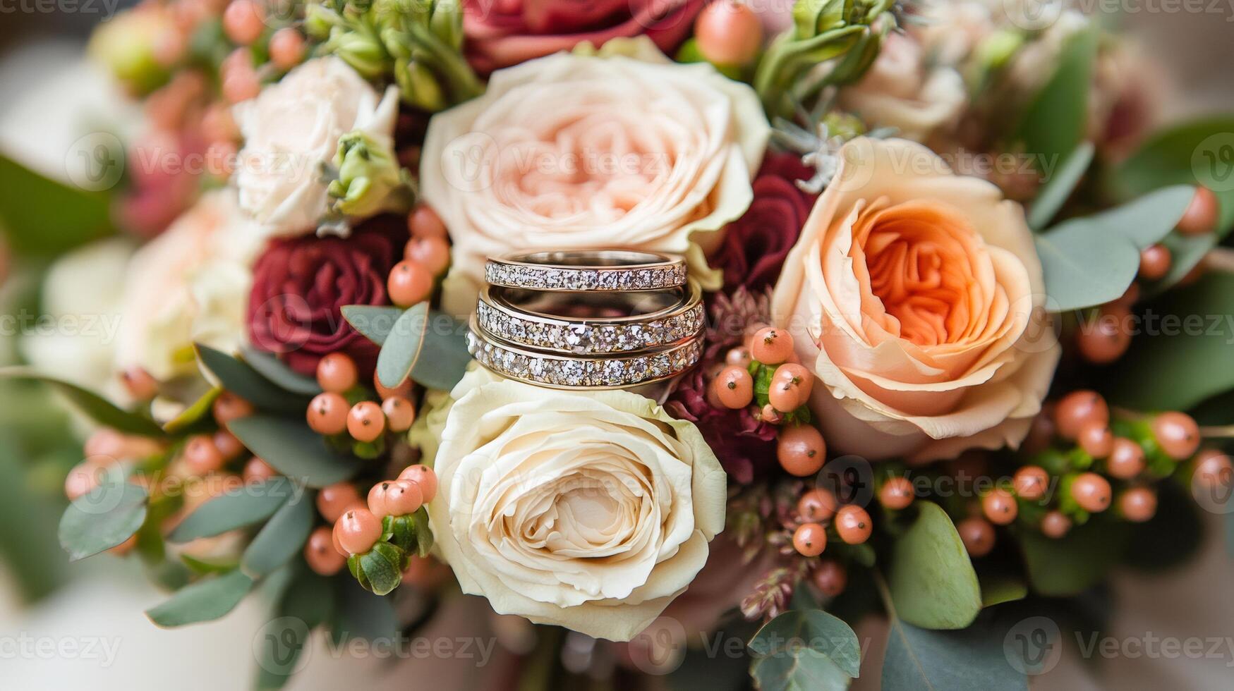 Wedding rings resting on a colorful bouquet of orange and white roses decorated with hypericum berries photo