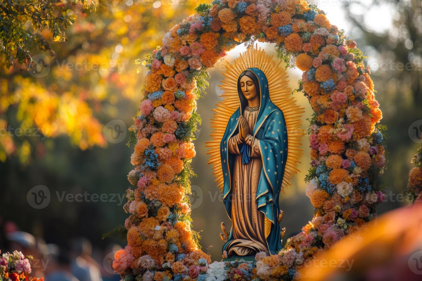 Virgin Mary statue surrounded by colorful flowers during a religious celebration photo