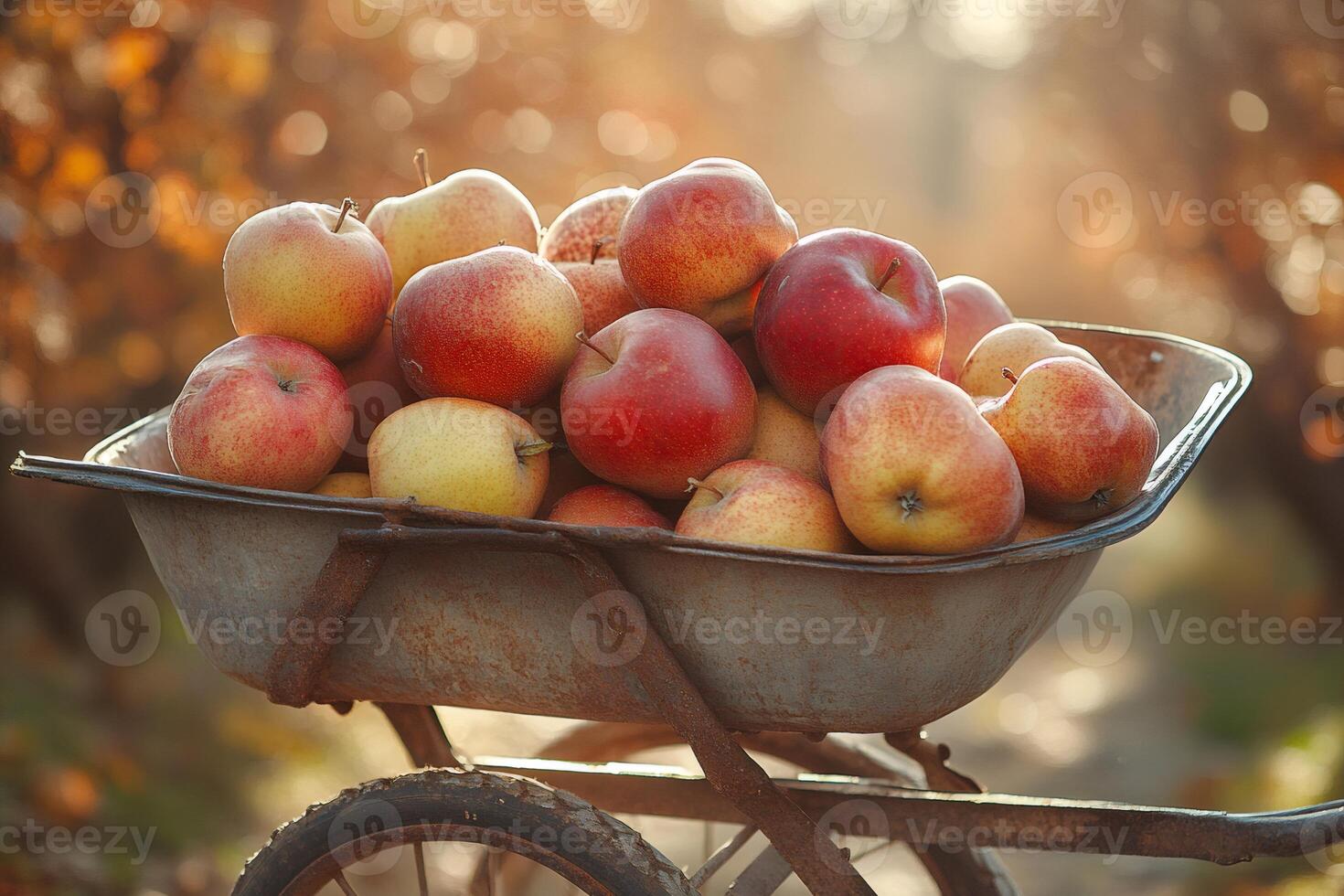 Wheelbarrow full of ripe apples during harvesting season in autumn photo