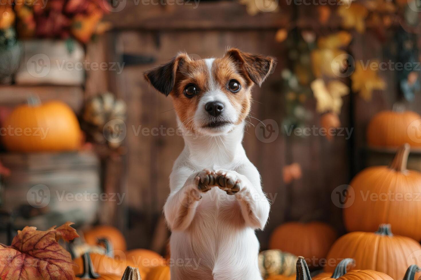 Jack russell terrier standing on hind legs with paws joined together, surrounded by pumpkins and autumn leaves in a barn photo