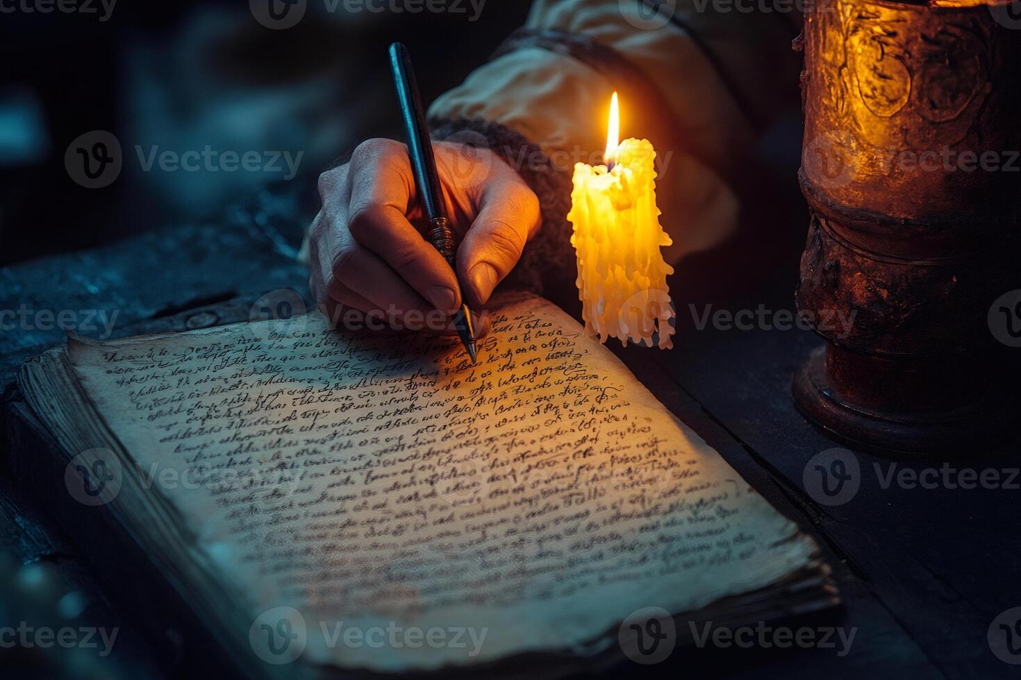 Monk writing on ancient book at candlelight in monastery scriptorium photo