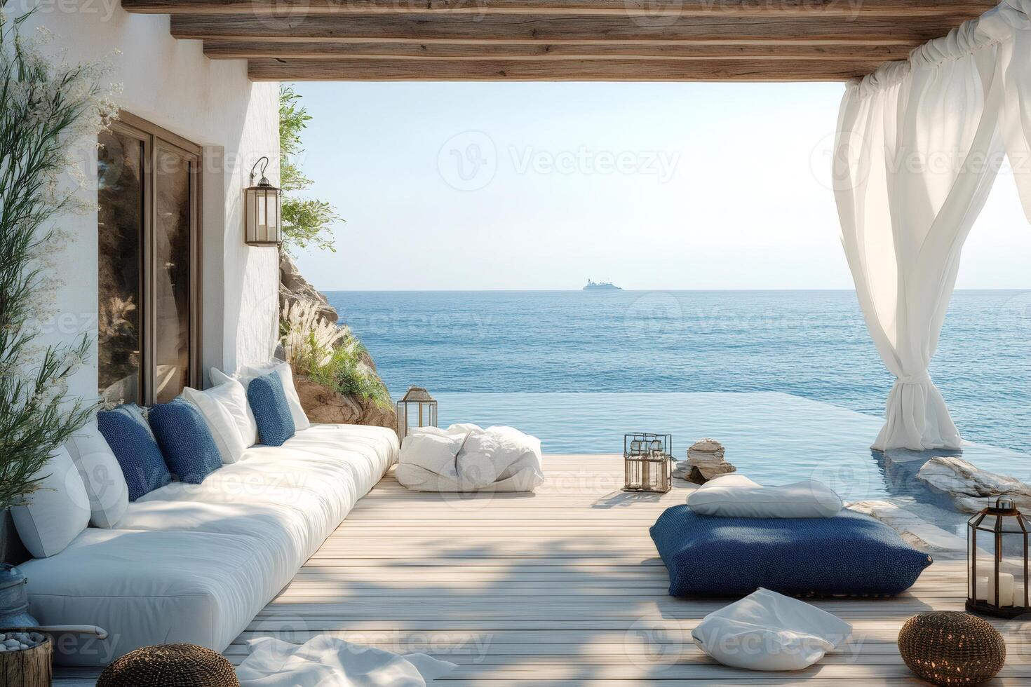 Luxurious infinity pool overlooking Mediterranean sea with comfortable outdoor furniture photo