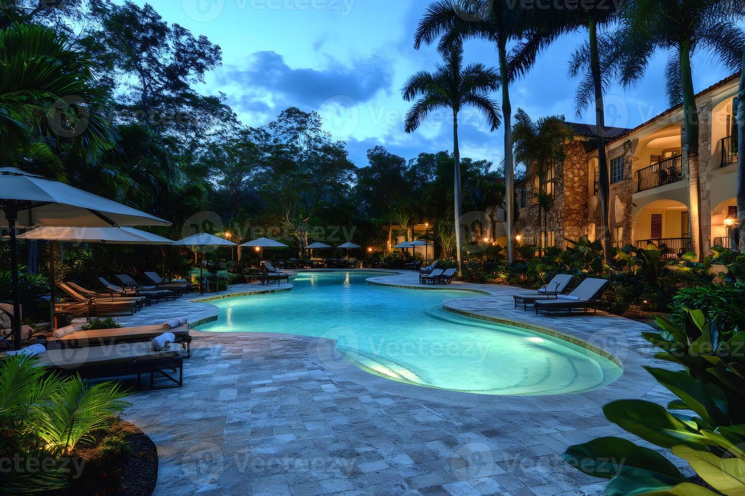 Luxurious tropical resort pool at dusk with illuminated palm trees and lounge chairs photo