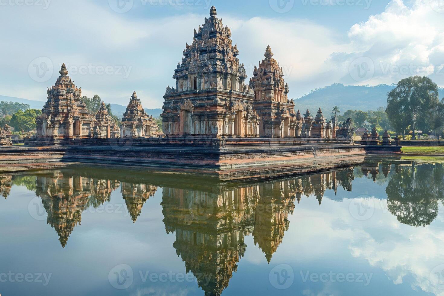 Prasat Hin Phimai reflecting in pond during sunny day photo