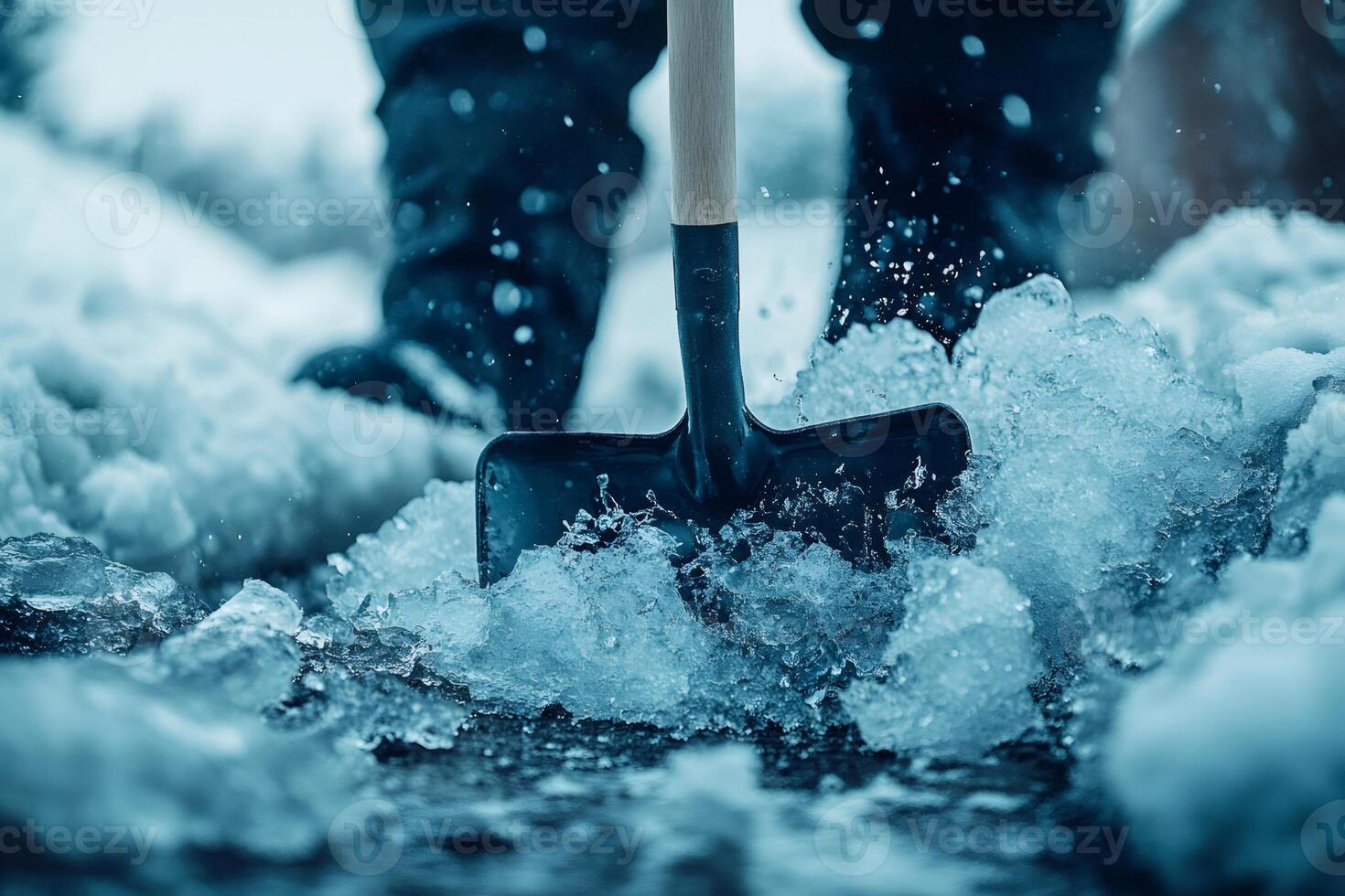 Shovel hitting ice and snow during winter work photo