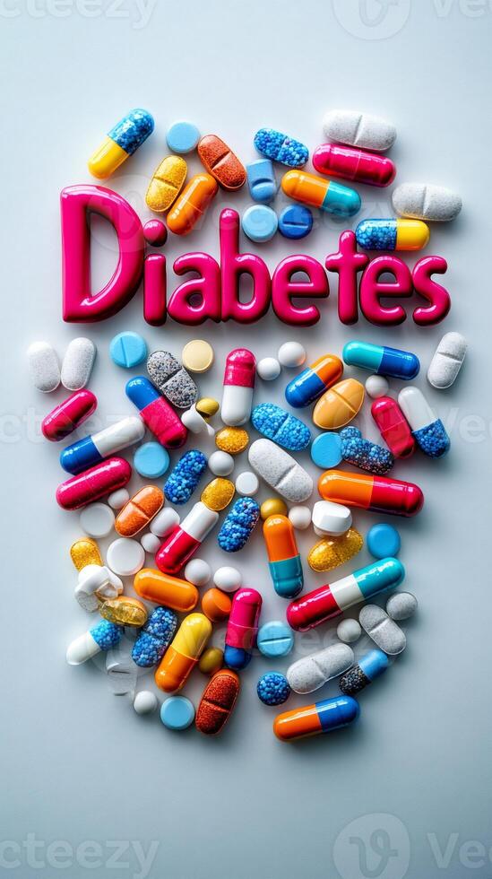 Colorful pills and capsules forming the word diabetes illustrating diabetes treatment photo