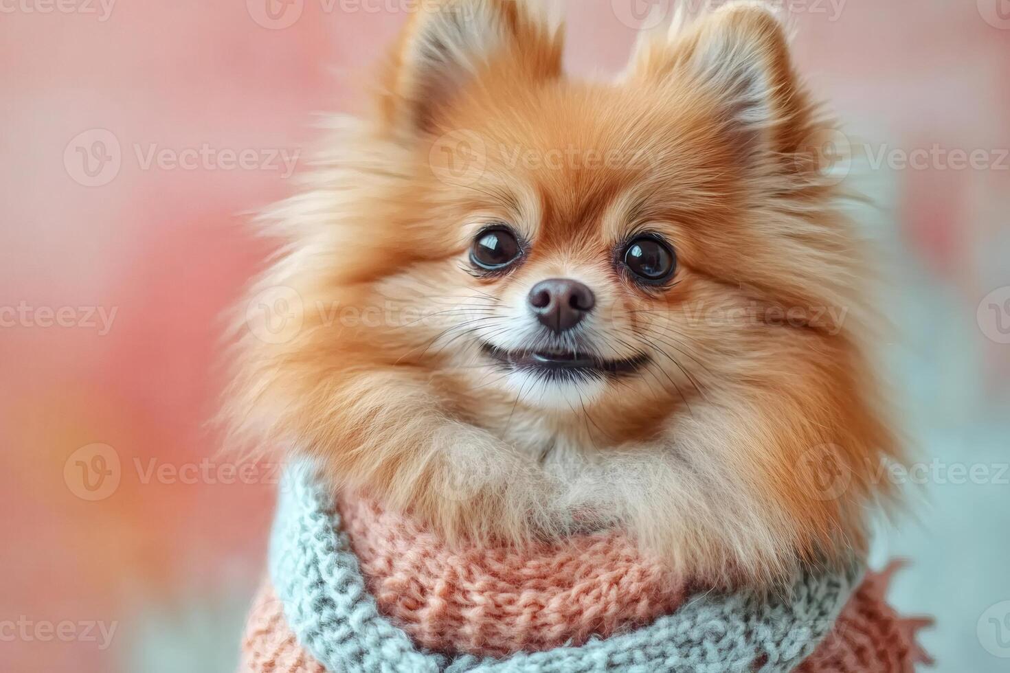 Cute pomeranian puppy wearing knitted scarf posing on pink background photo