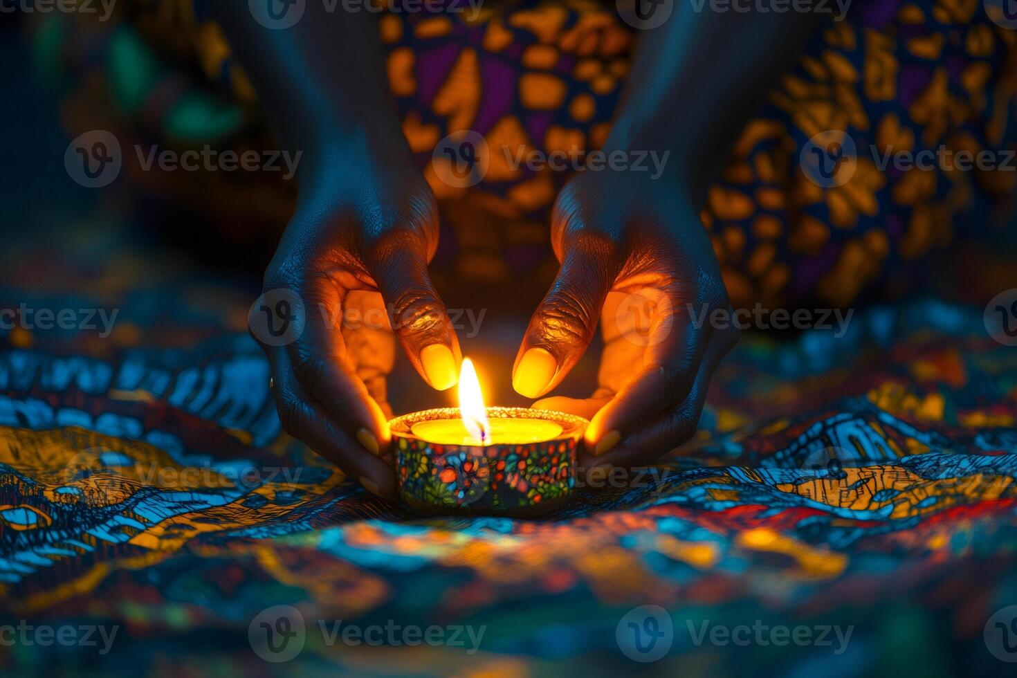 Woman holding a burning candle in cupped hands, creating a warm and spiritual atmosphere photo