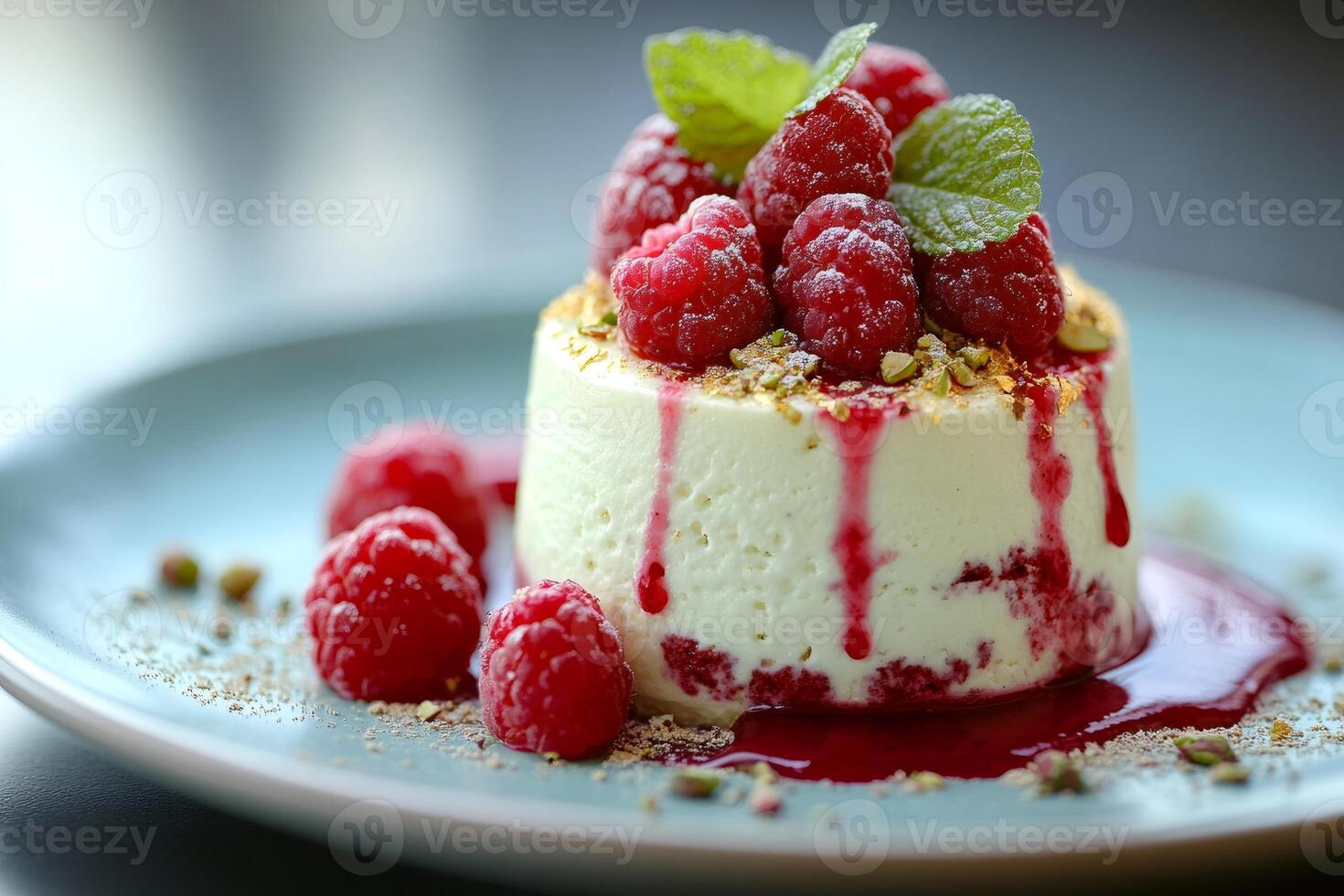 Delicious mini cheesecake with raspberry sauce, fresh raspberries and pistachio topping photo