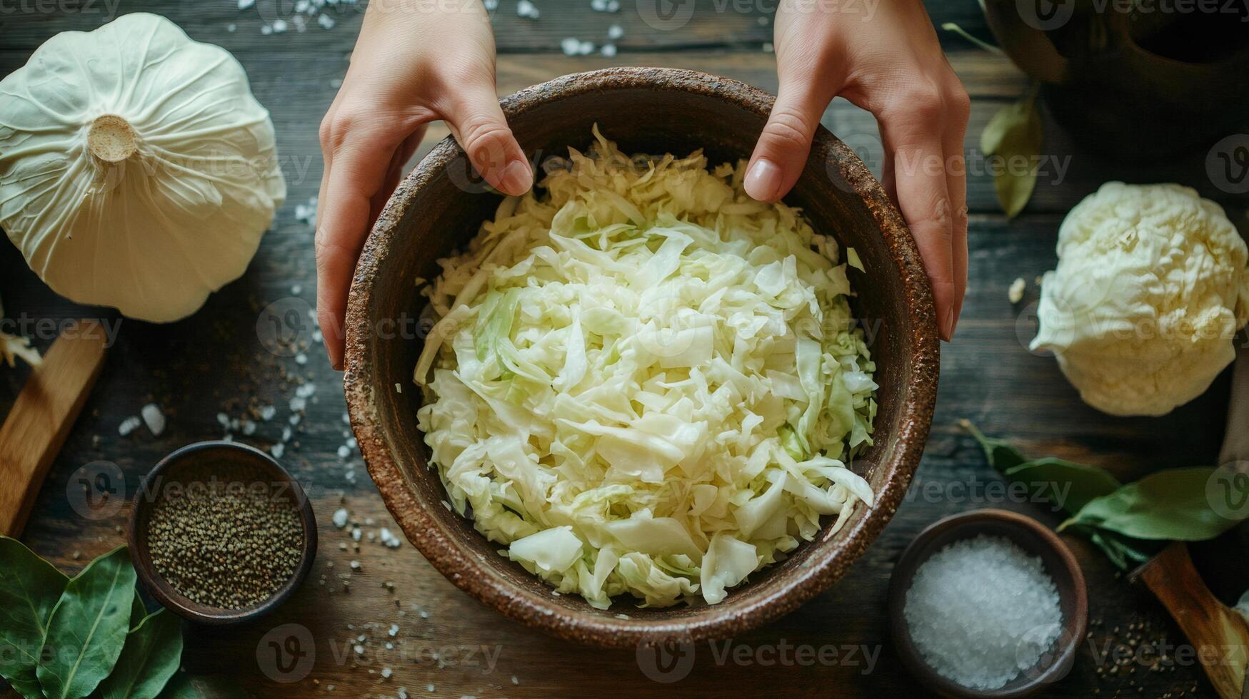 Chef holding bowl of freshly cut cabbage with ingredients surrounding it photo