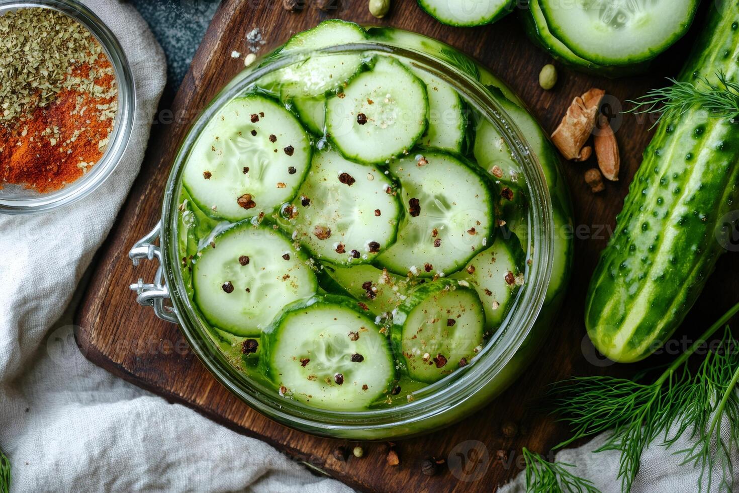 Sliced cucumbers preserved in jar with spices and herbs on wooden cutting board photo