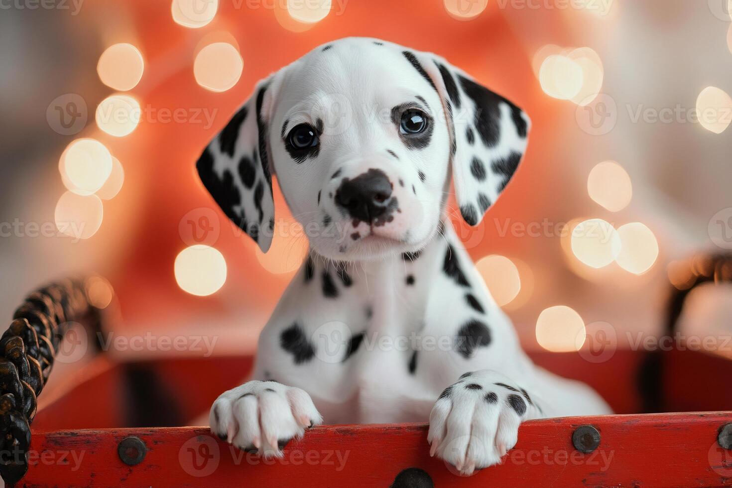 Dalmatian puppy looking out from red wooden box with christmas lights in background photo