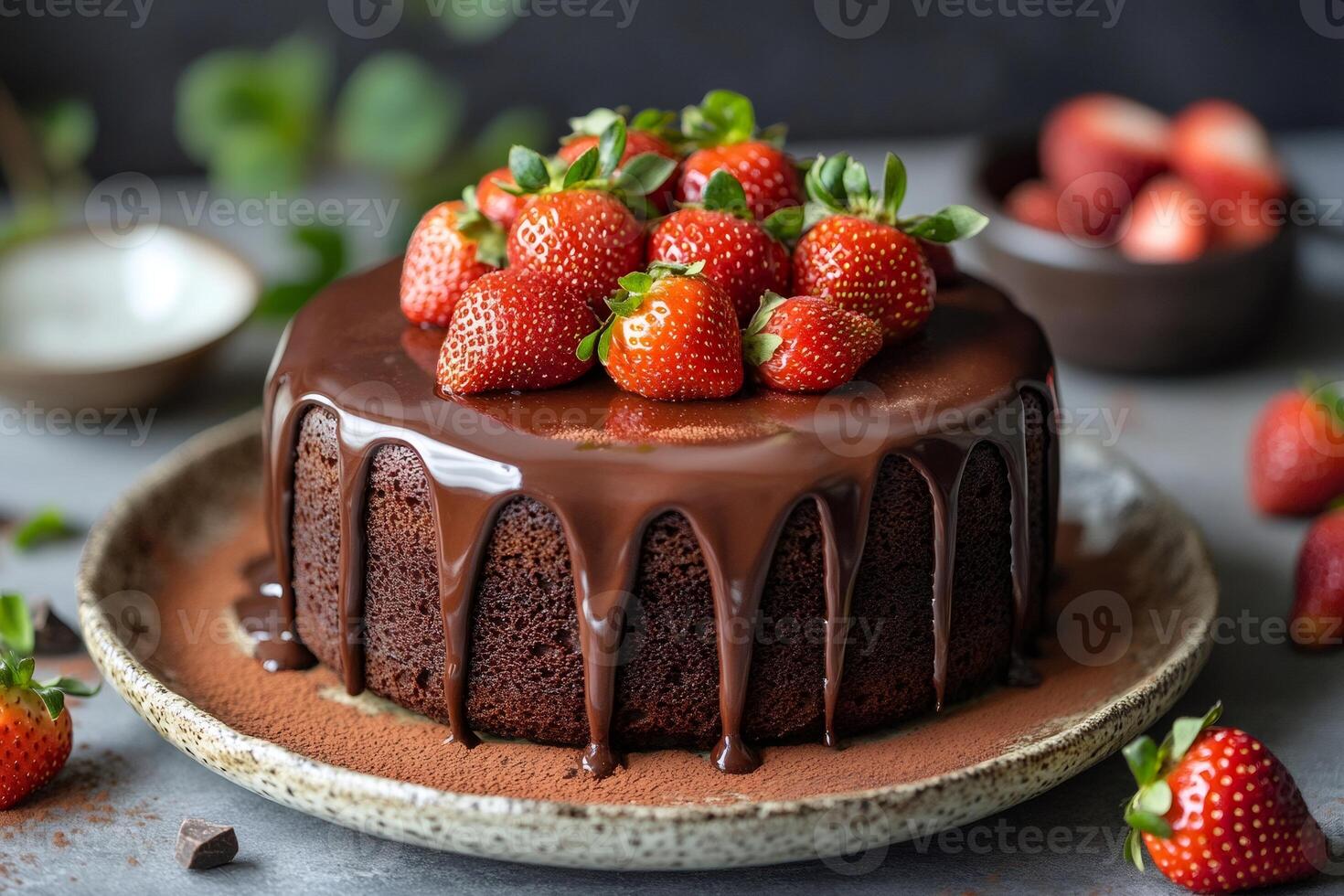 Delicious chocolate cake dripping with ganache and topped with fresh strawberries photo