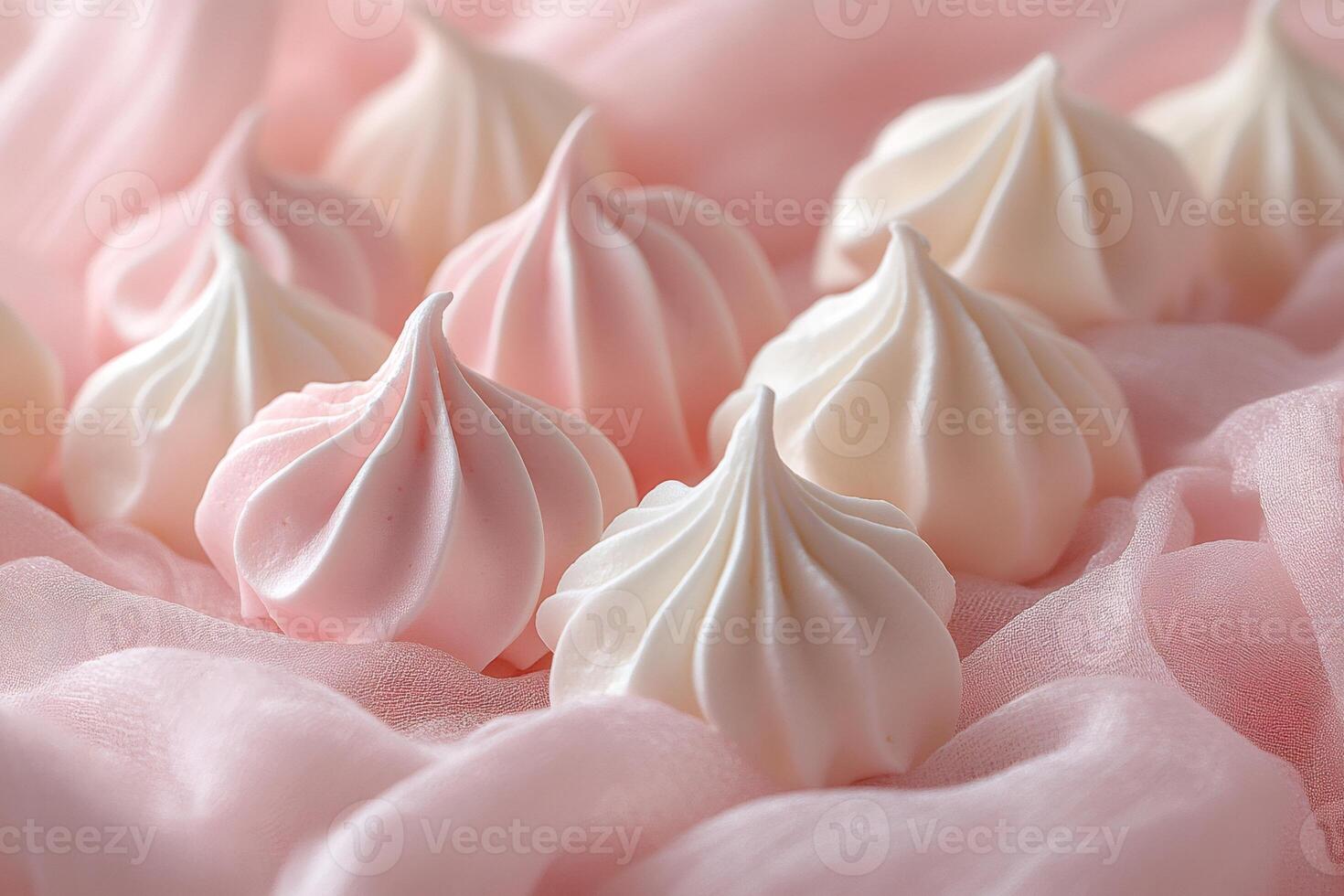 Delicious pink and white meringue cookies lying on pink cloth photo