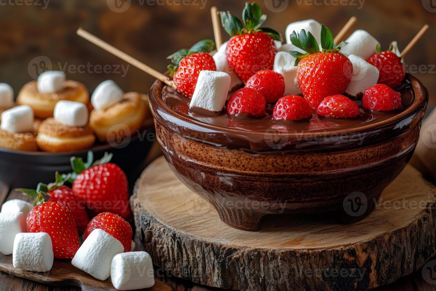 Chocolate fondue with fresh strawberries and marshmallows dipping in a bowl photo