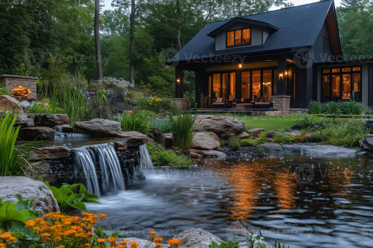 Beautiful waterfall cascading into pond near modern house in tranquil garden photo