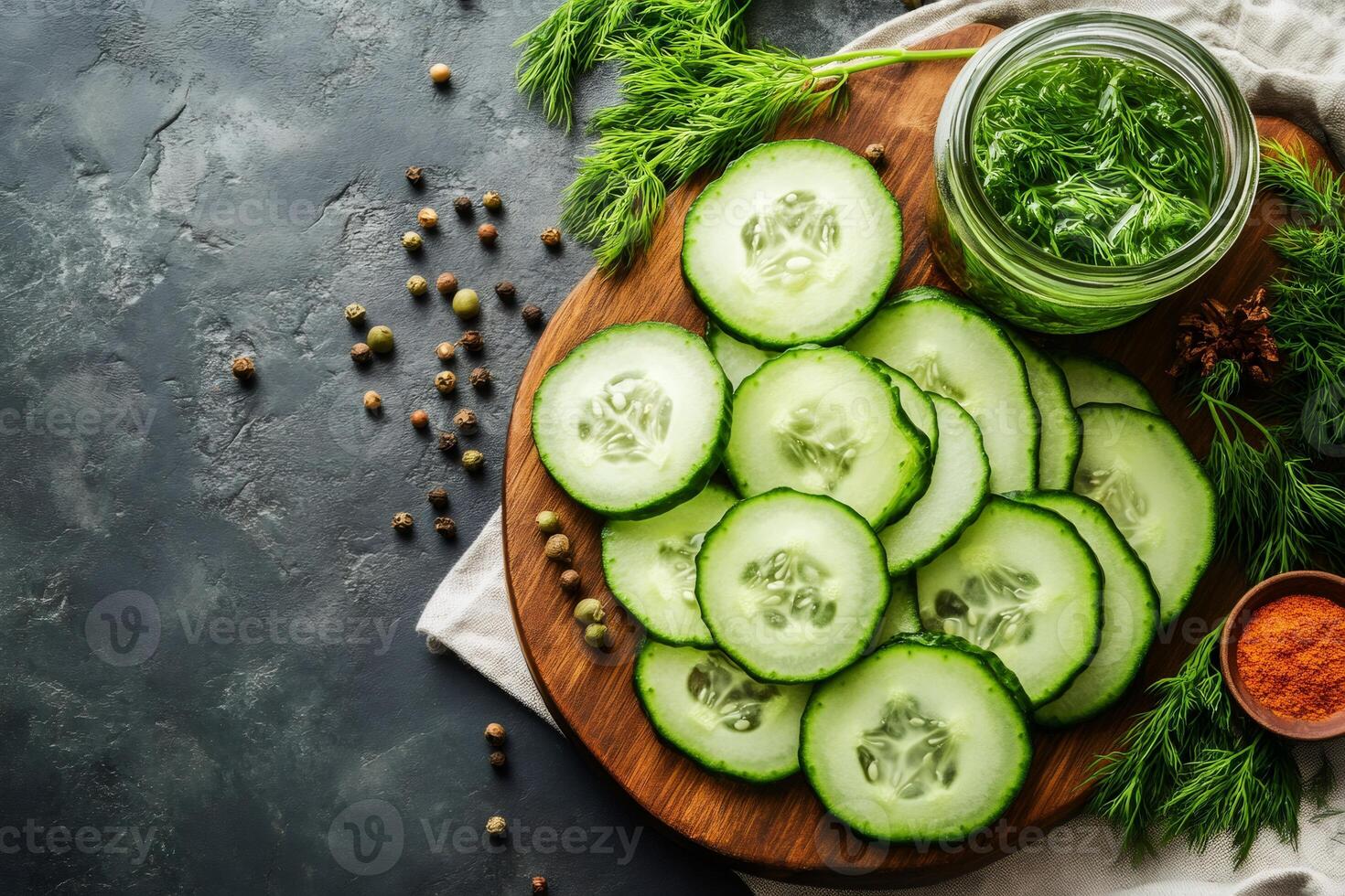 Sliced cucumbers with dill, pepper and spices on wooden cutting board photo