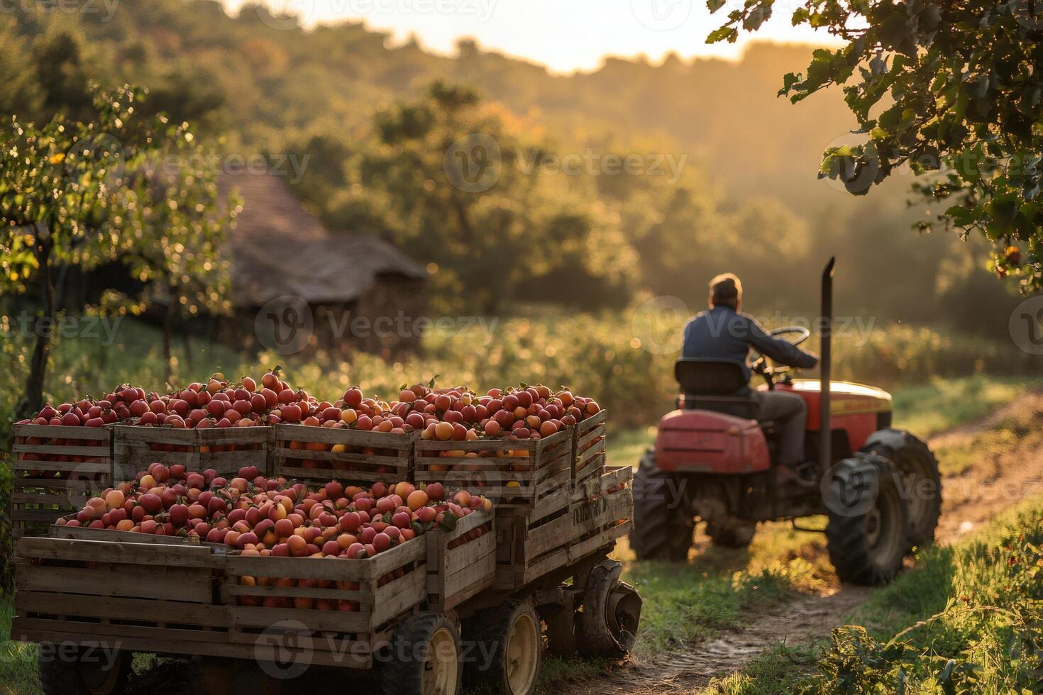 Farmer driving tractor towing trailer full of ripe apples at sunset photo