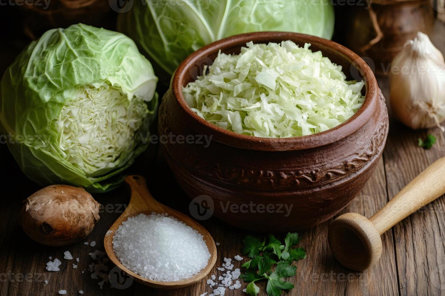 Ingredients for cooking sauerkraut in a rustic kitchen photo