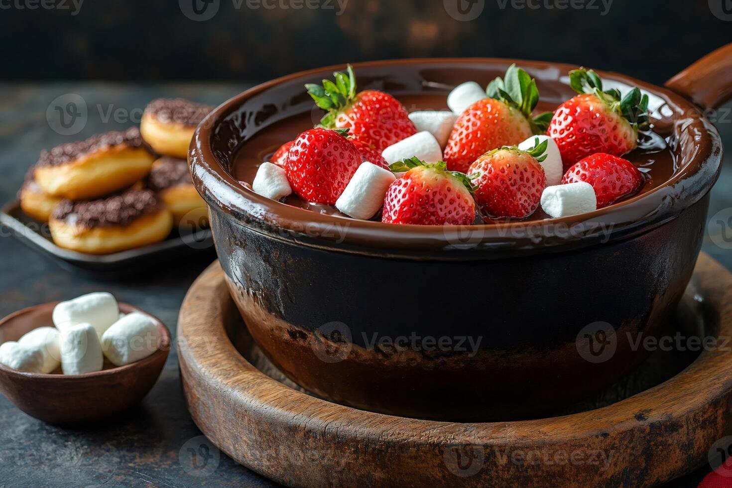 Chocolate fondue with fresh strawberries and marshmallows, ready to dip donuts photo