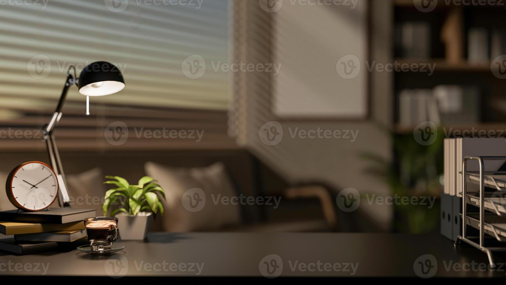 A close-up of a black desk displays decorative items, set in a contemporary dark living room. photo