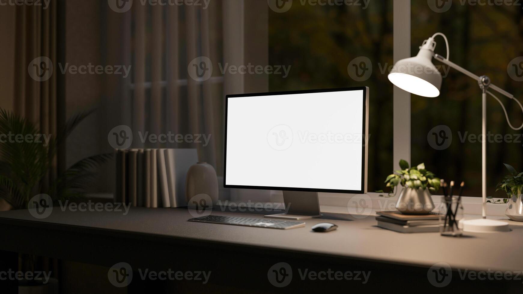 A computer with a white screen mockup sits on a black desk in a dark room at night. photo