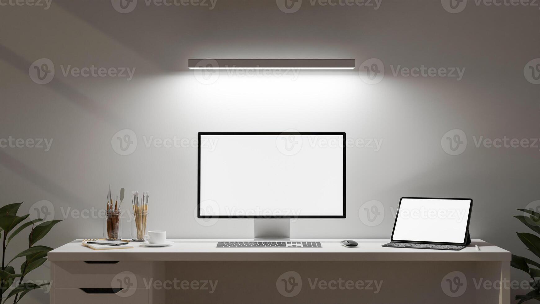 A minimalist white office features a computer and a digital tablet set on a desk. photo