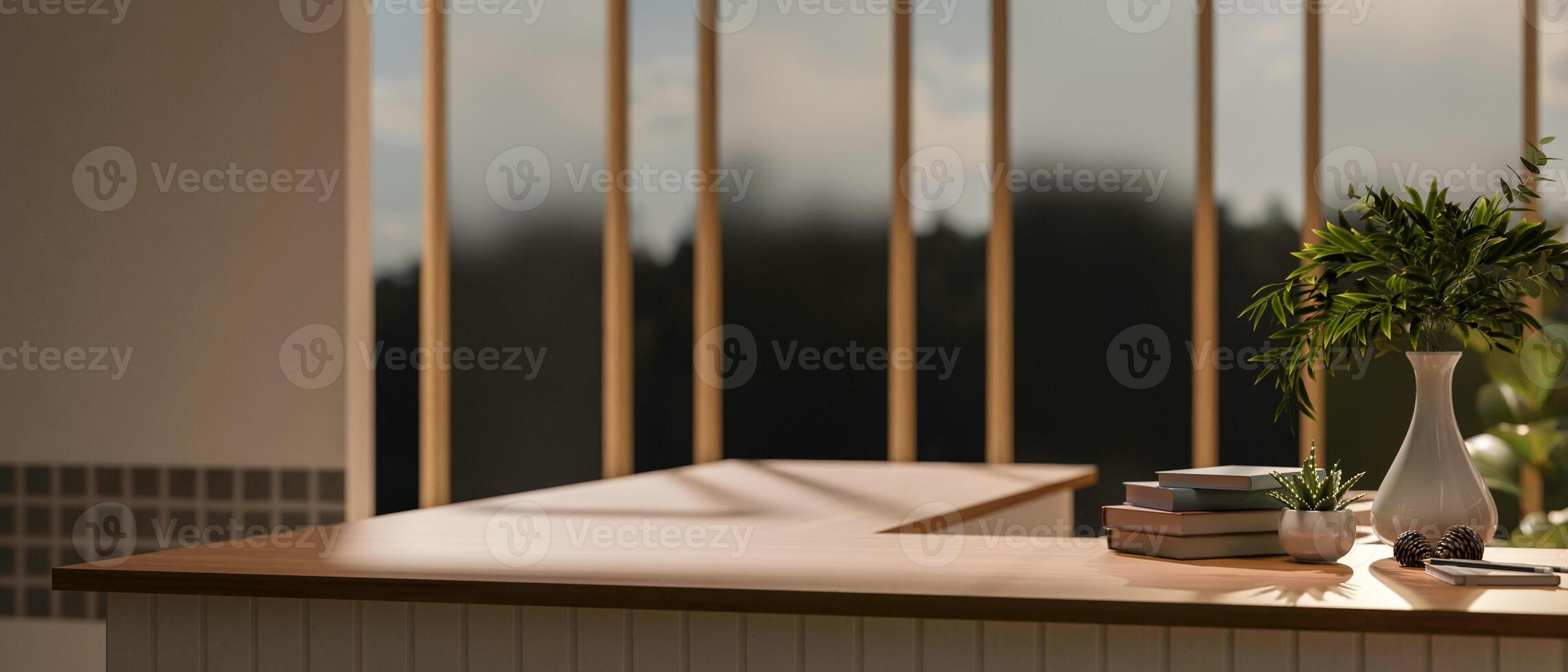A wooden kitchen counter with decorative items with warm sunlight through glass window. photo