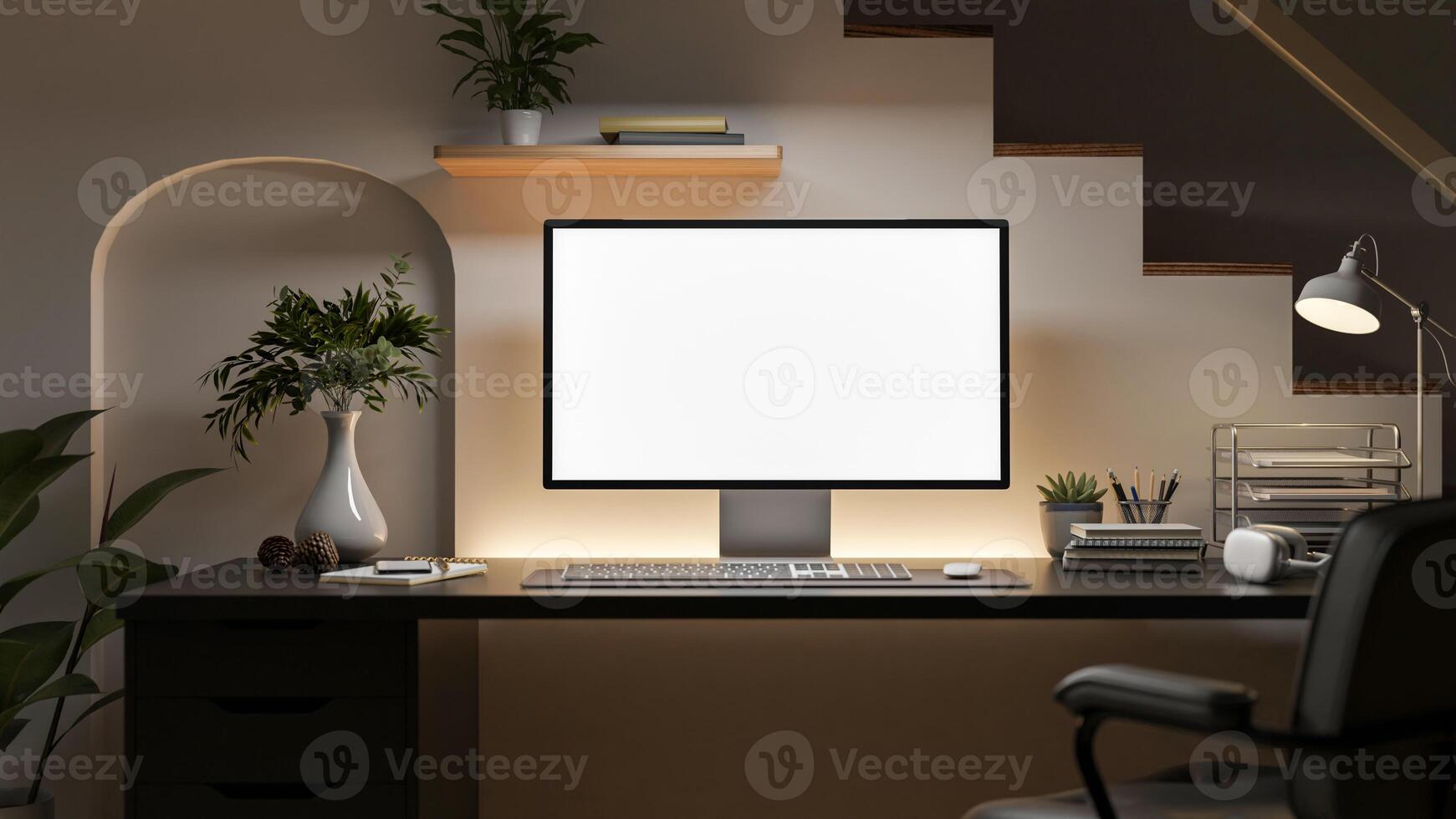 A white screen computer with decorative item on the wooden table beside the aisle. photo