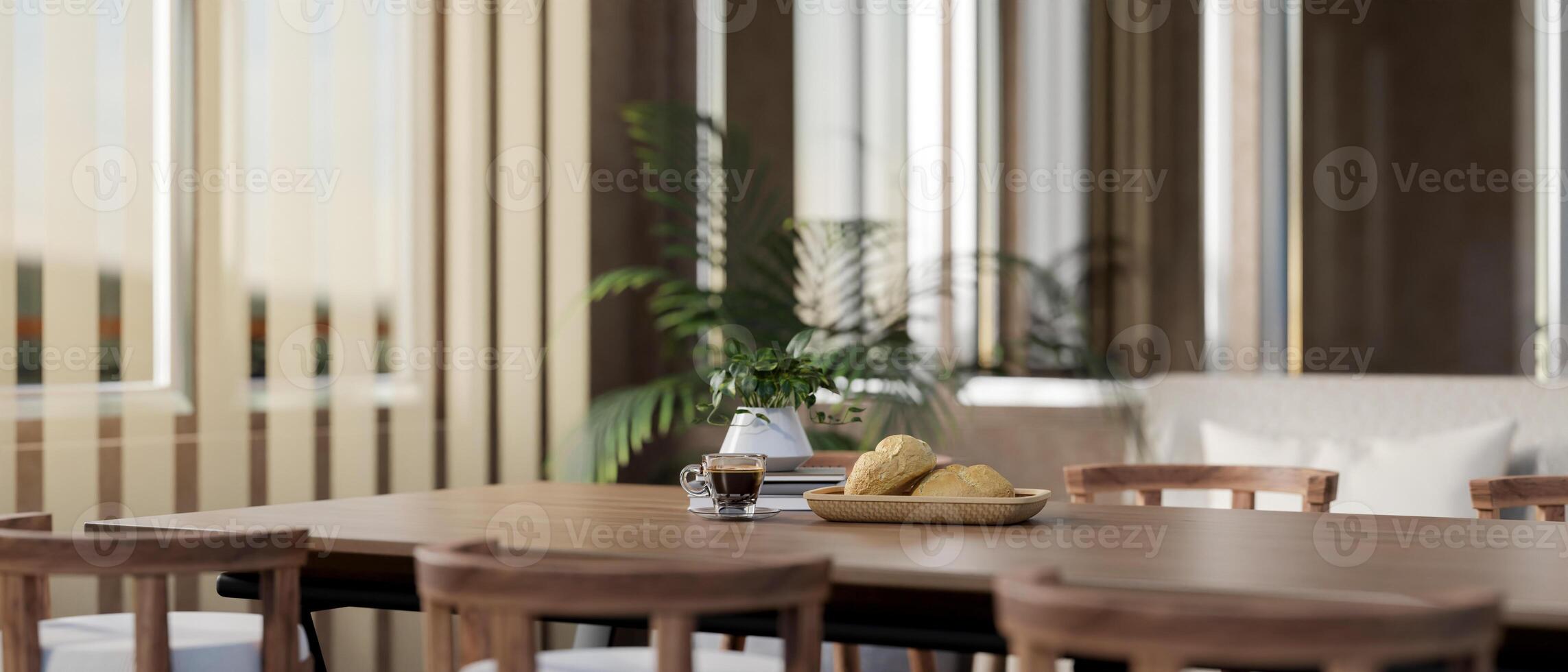 The wooden tabletop with decorative item contains a breakfast set, near the glass door with curtain. photo