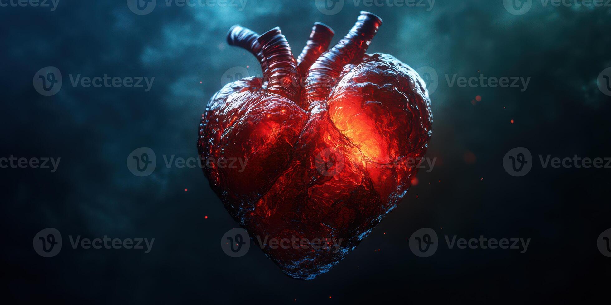 Heart sculpture made of molten material glowing with inner light against dark background photo