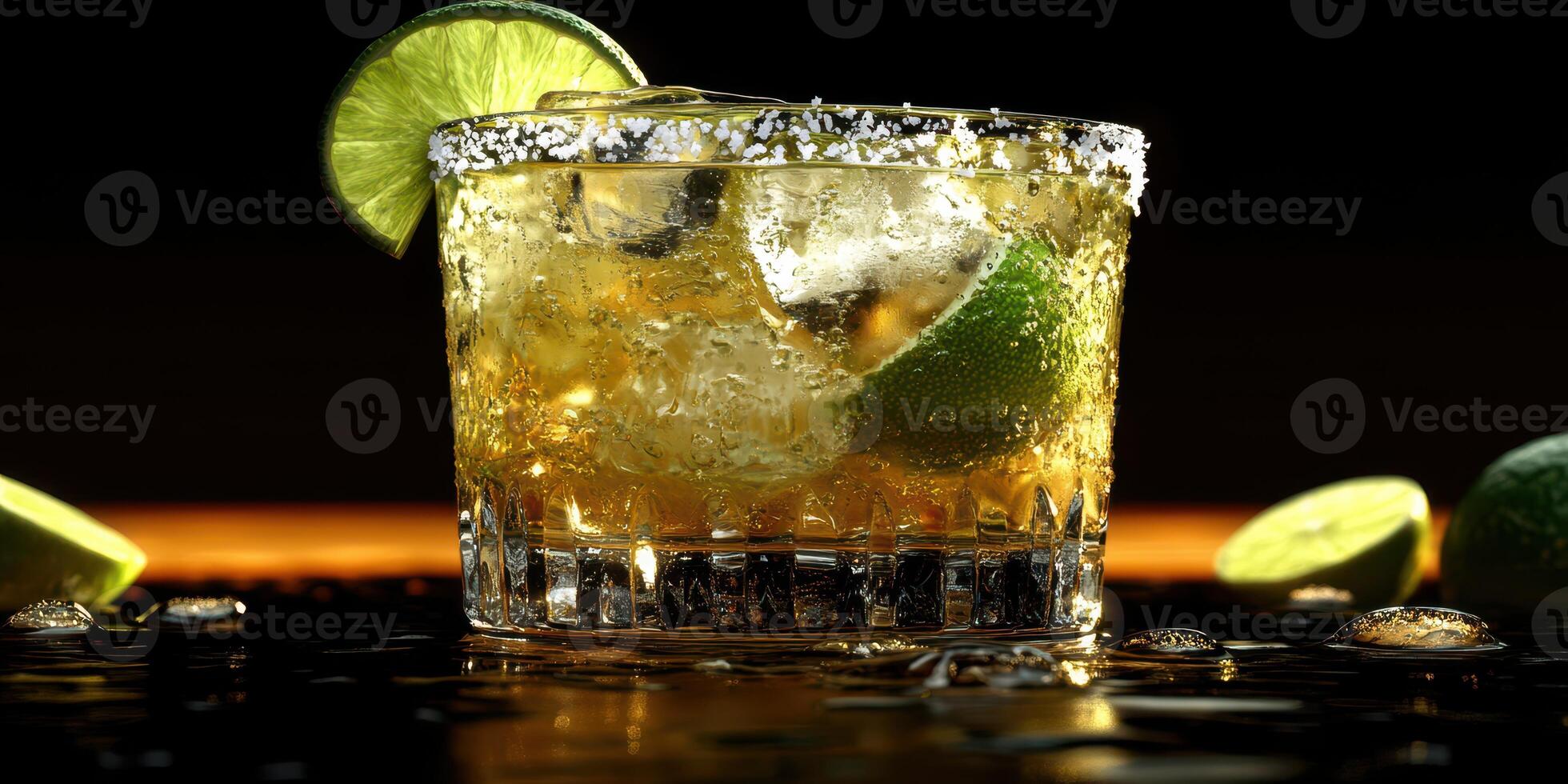 Refreshing cocktail garnished with lime and salt arranged on a serene bar surface at night photo