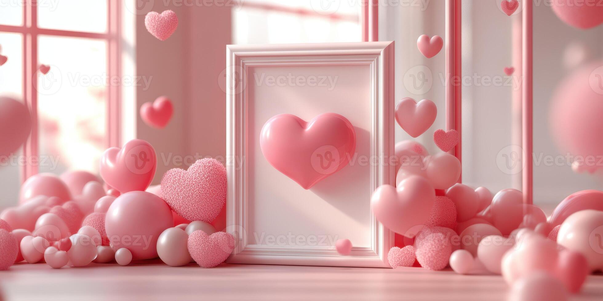 Heart-shaped decorations with soft pink hues and a framed love symbol in a bright indoor setting photo