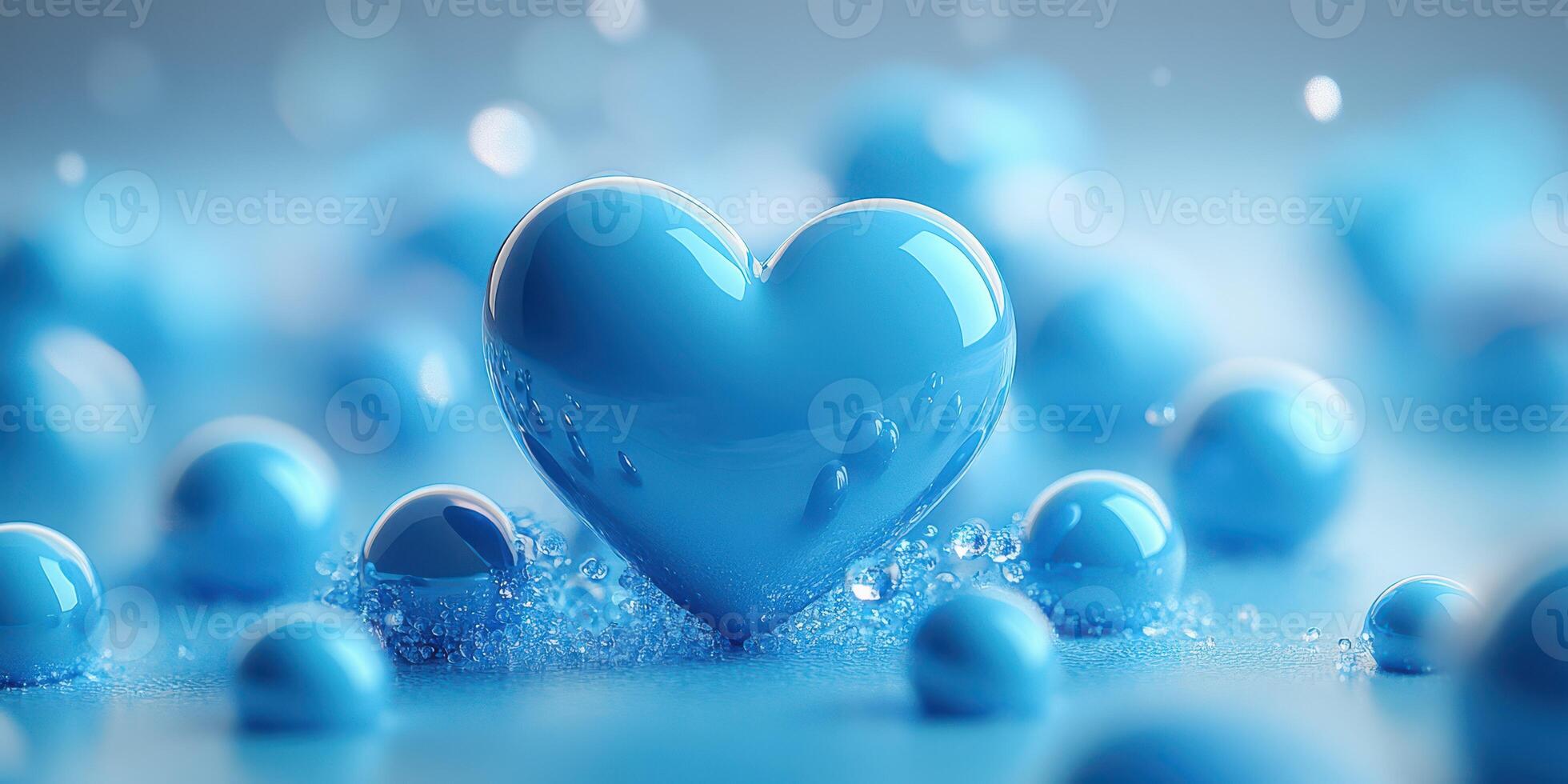 Shiny blue heart surrounded by water droplets creates a serene atmosphere in a soft blue environment photo