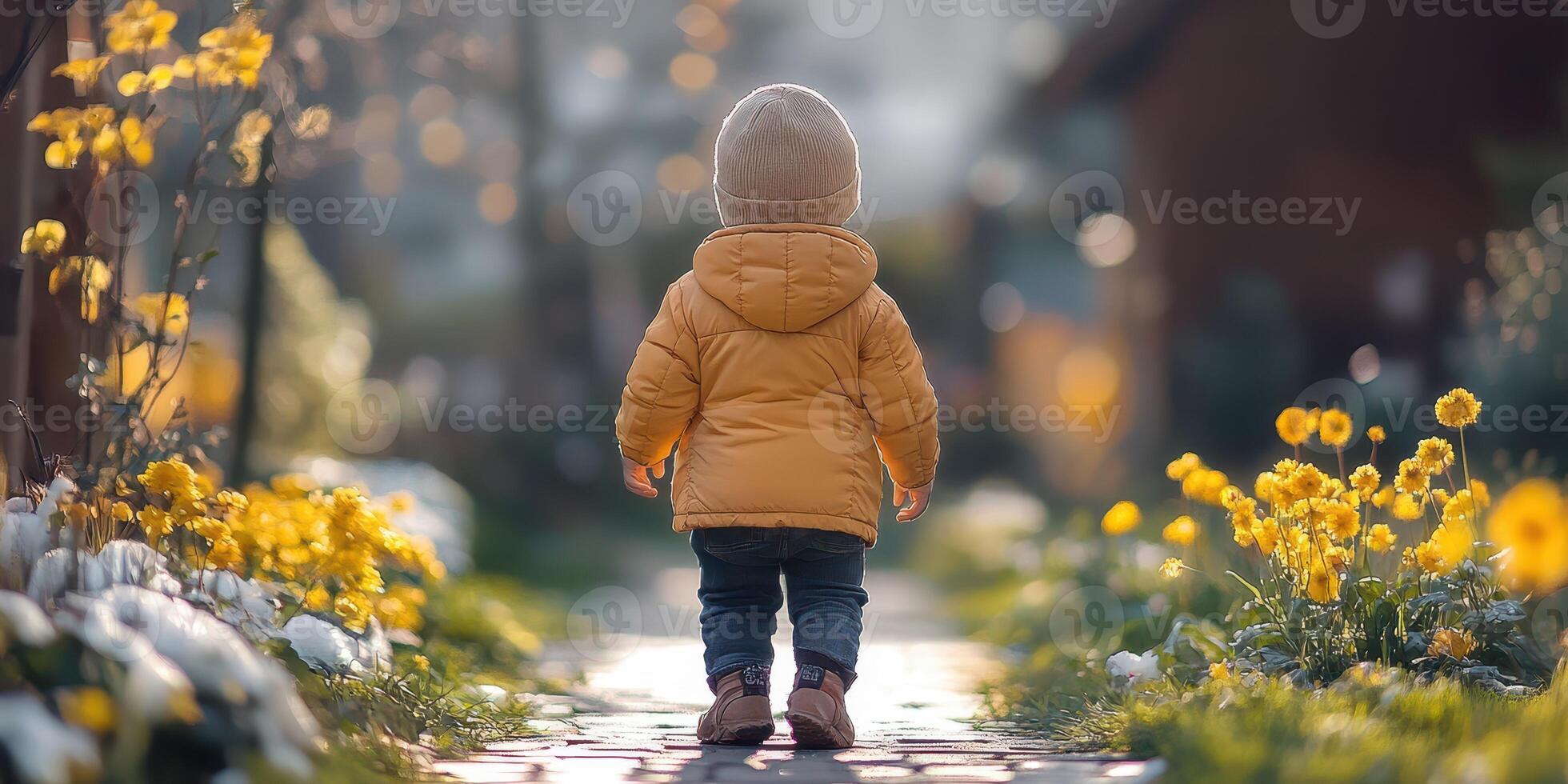 Child walks through a sunny garden lined with vibrant yellow flowers during springtime photo