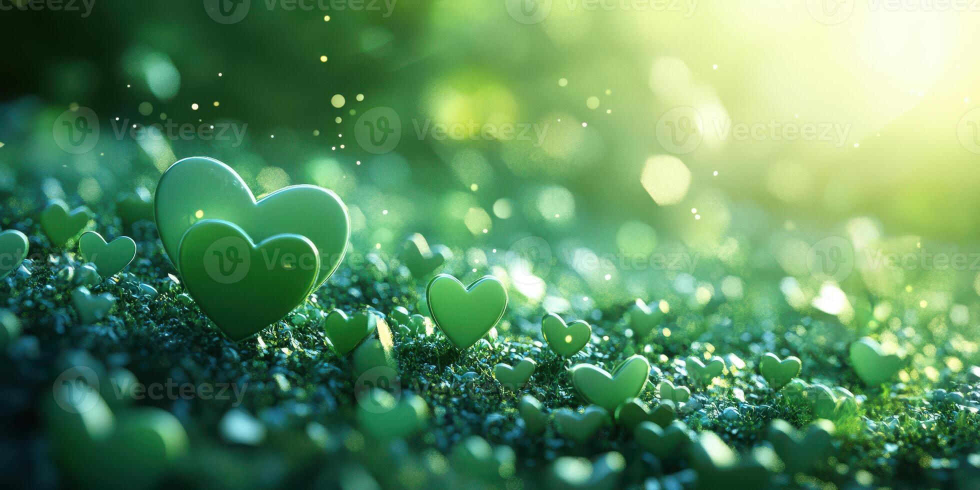 Green heart shapes emerge from a lush background during a sunny day, creating a tranquil and loving atmosphere photo
