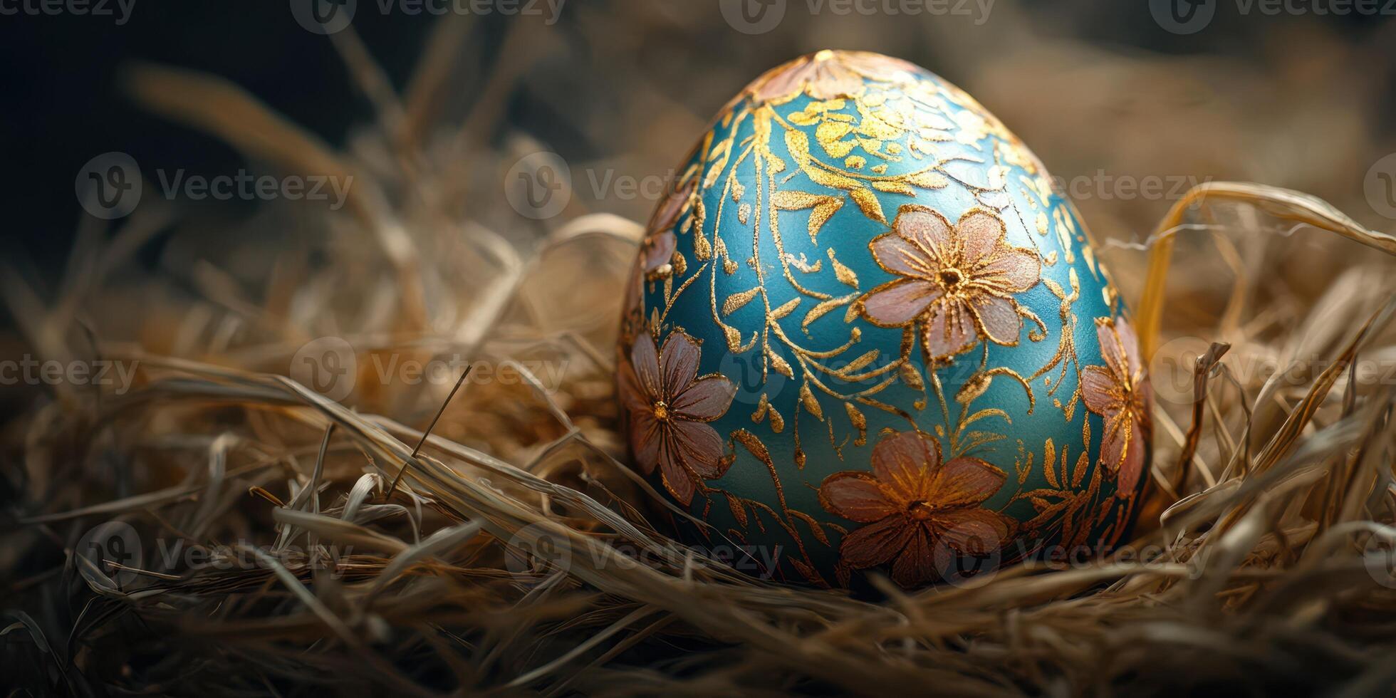 Beautifully decorated blue egg with floral patterns rests on straw in soft light, symbolizing spring and renewal photo