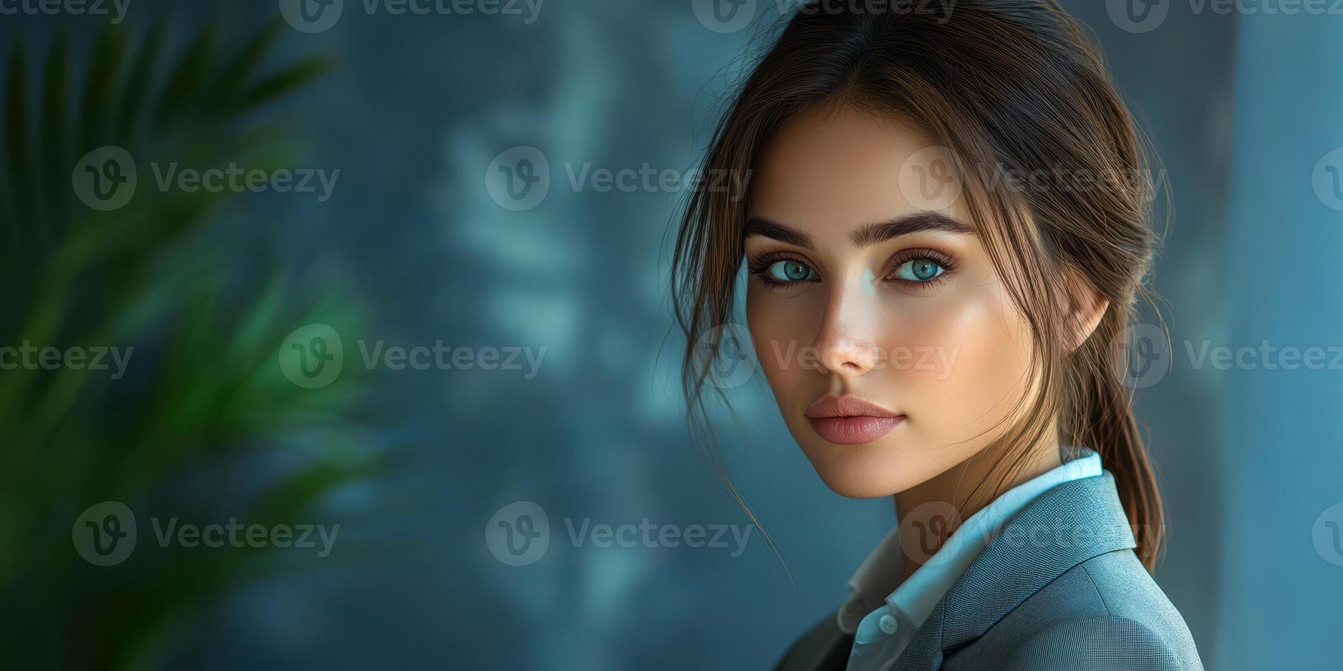 Young woman with blue eyes in business attire poses in a modern indoor setting with greenery photo