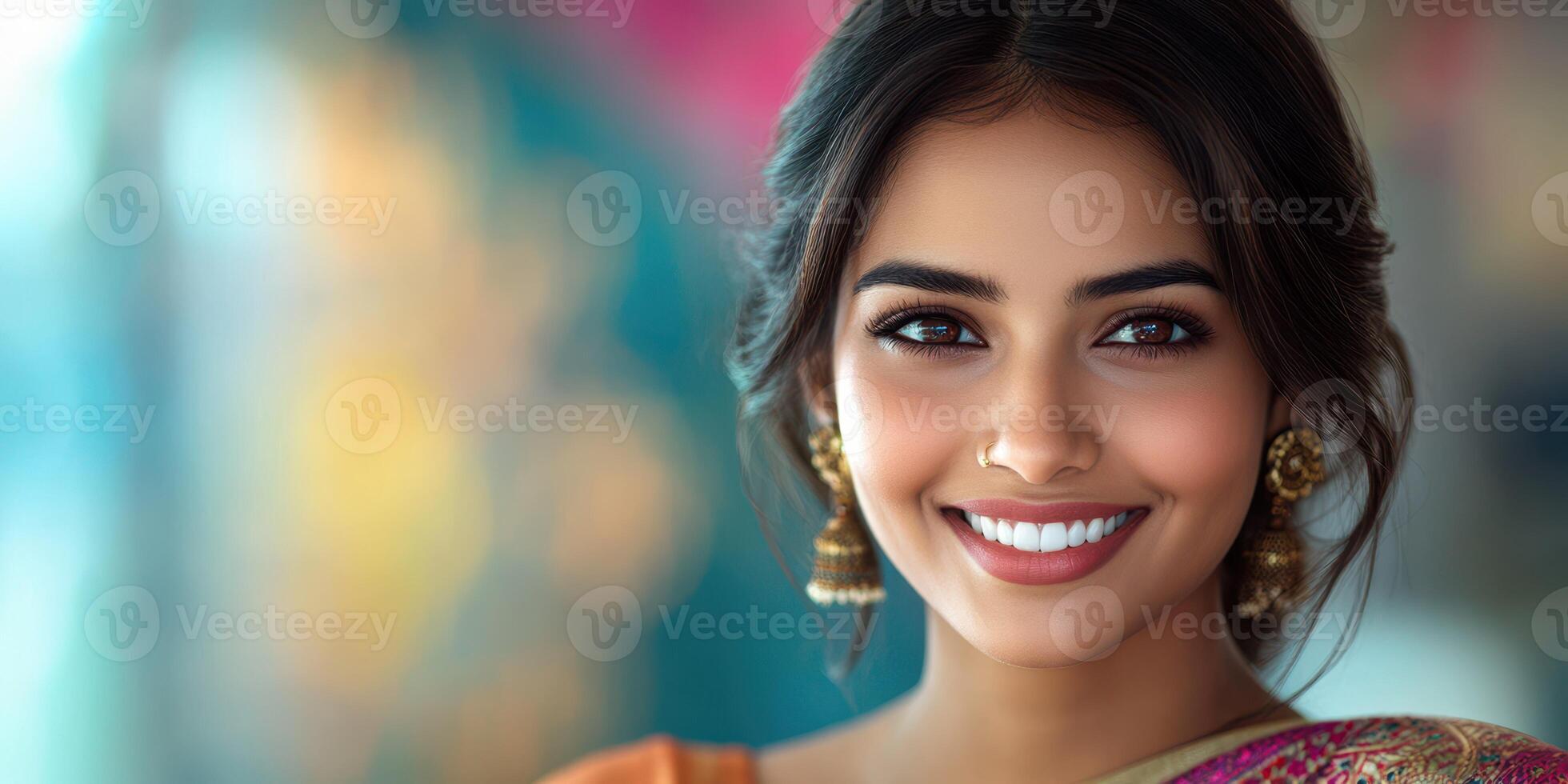Smiling woman in traditional attire showcases cultural beauty during festival celebration in vibrant setting photo