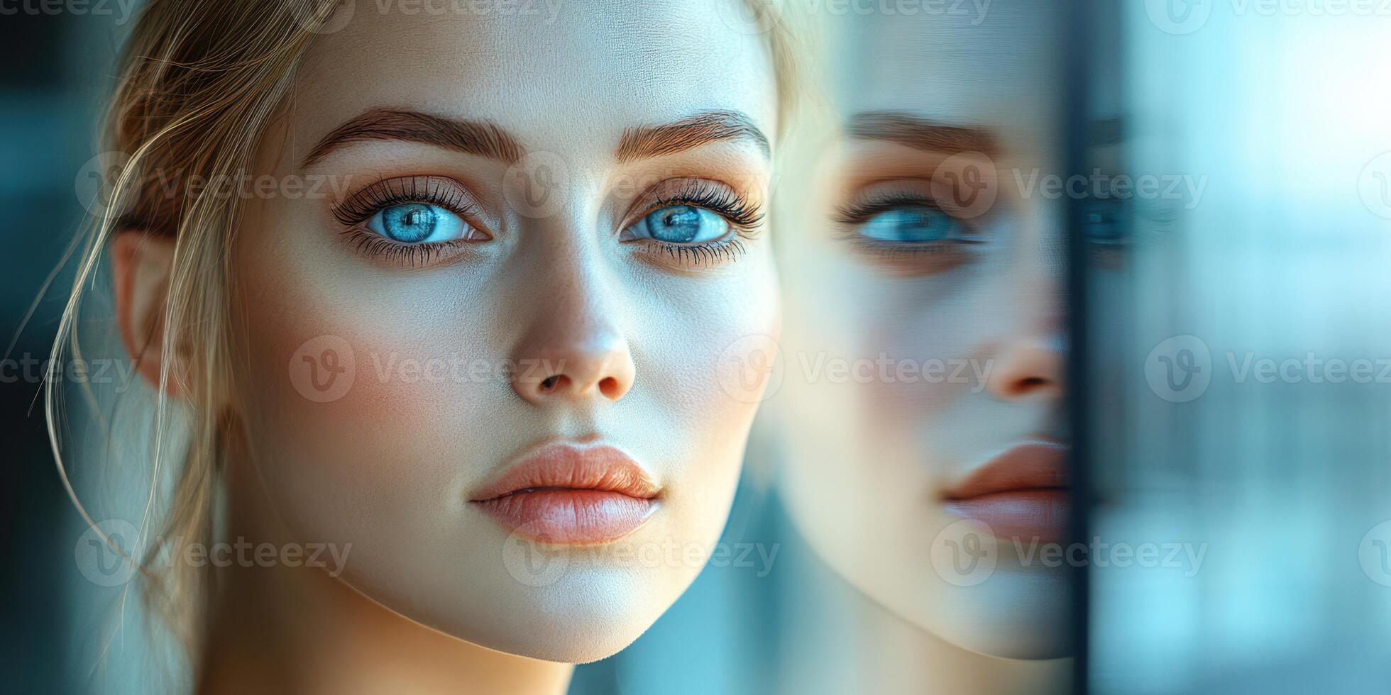 Close-up of a woman with striking blue eyes and a soft expression, reflecting emotions in a serene environment photo