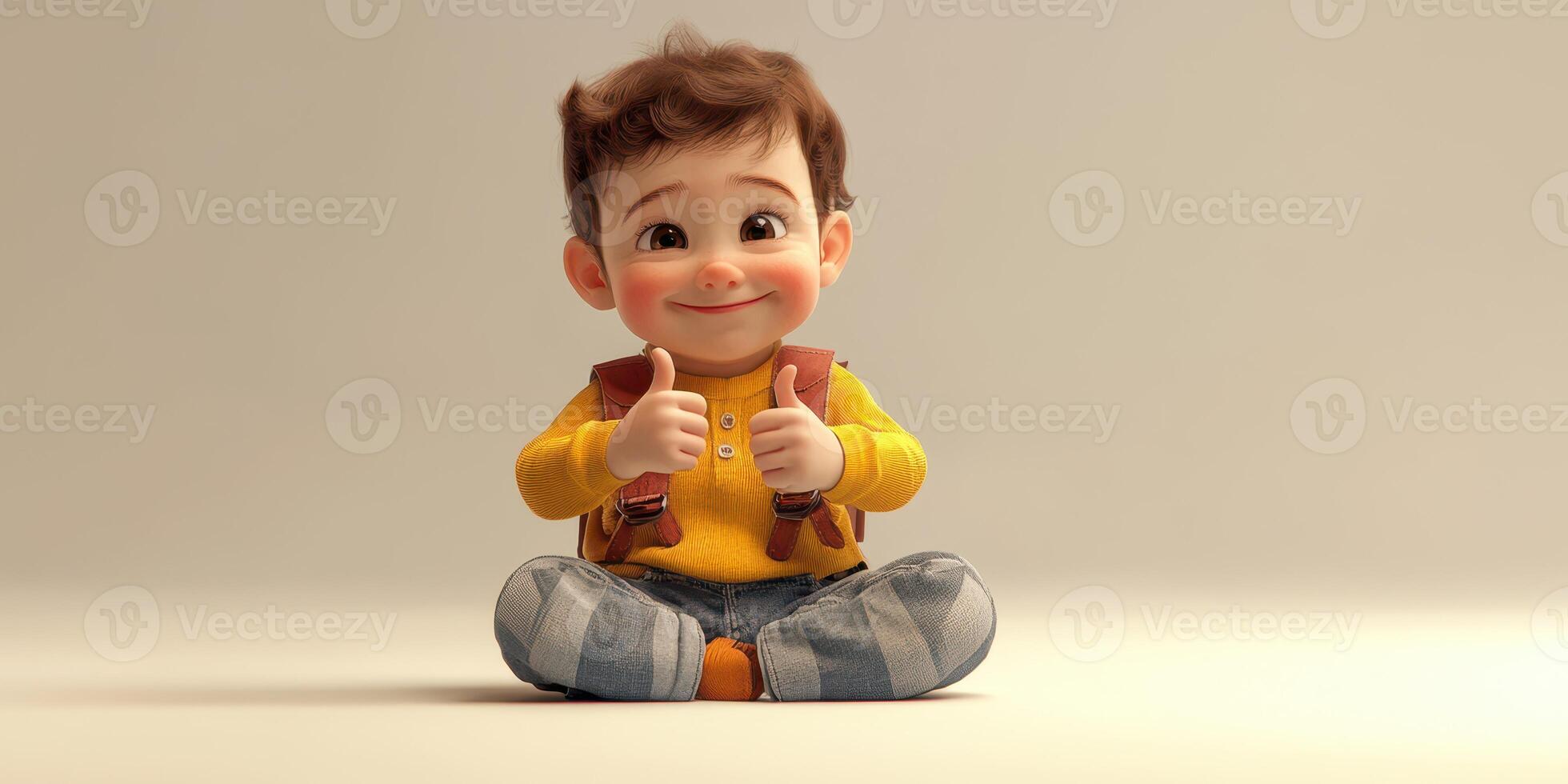 Happy child in a yellow sweater showing thumbs up while sitting on the floor, conveying enthusiasm and joy photo
