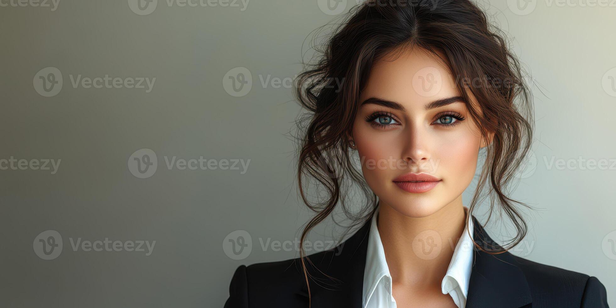 Confident woman in elegant attire poses against a neutral background, showcasing a modern and sophisticated look photo