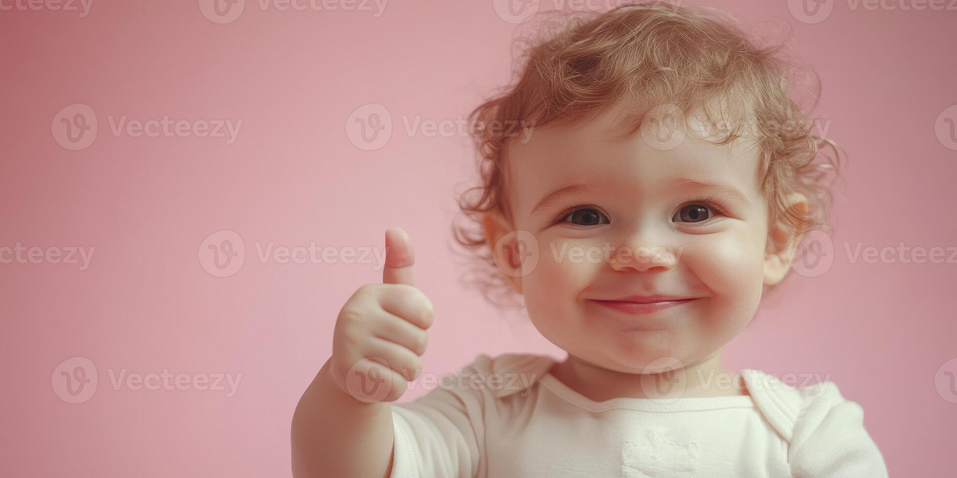 Happy baby giving a thumbs up with a joyful expression against a pink background during a playful moment photo