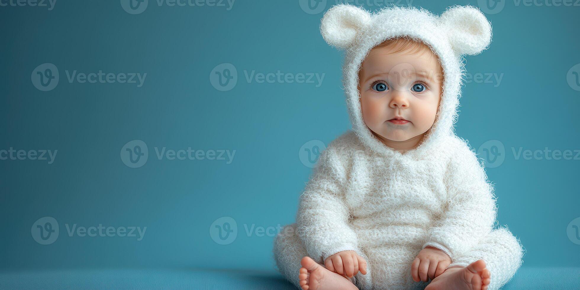 Baby in a fluffy white bear suit sitting on a blue background with an innocent expression photo