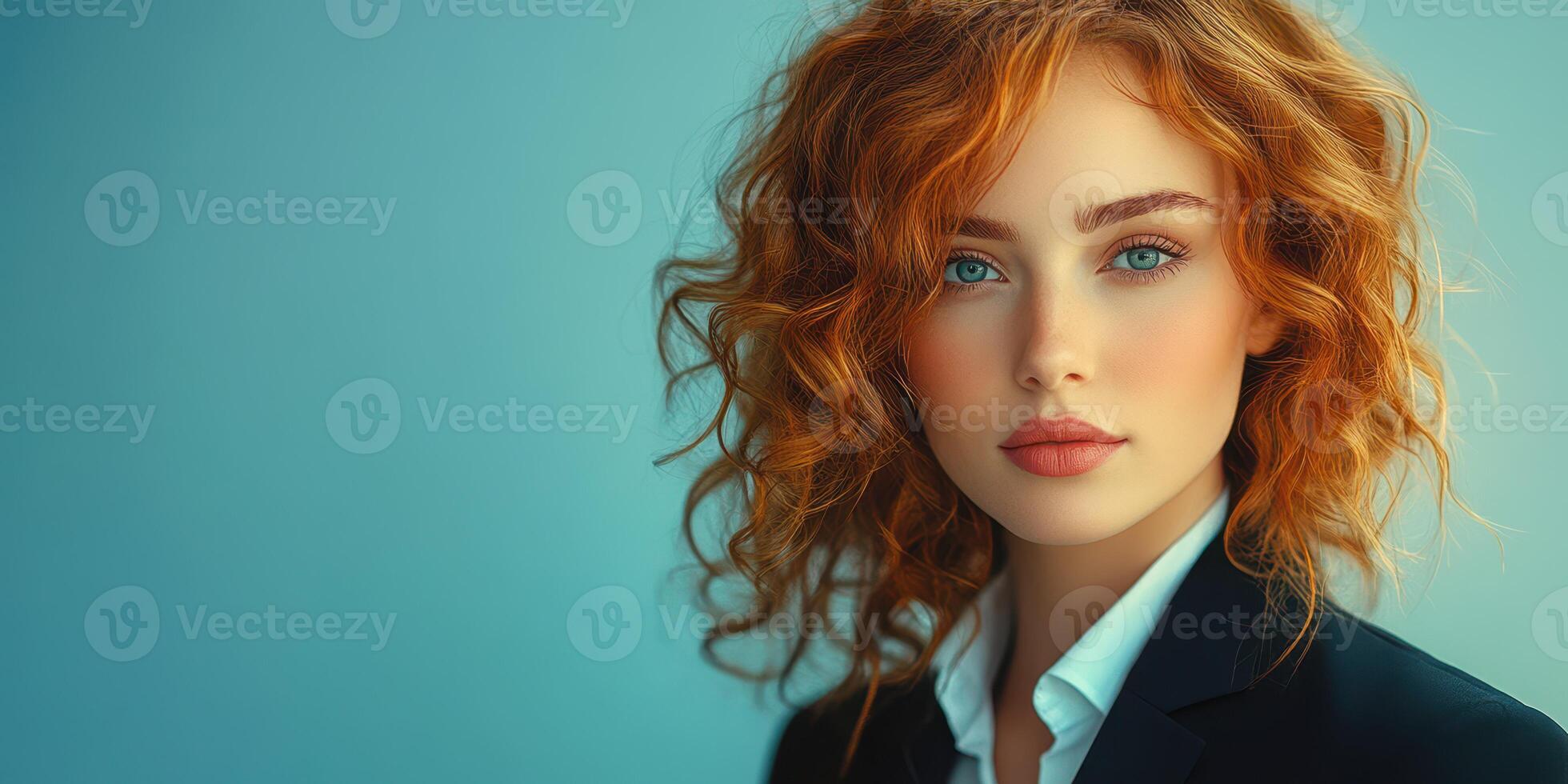 Young woman with curly red hair posing confidently in a formal outfit against a soft blue background photo