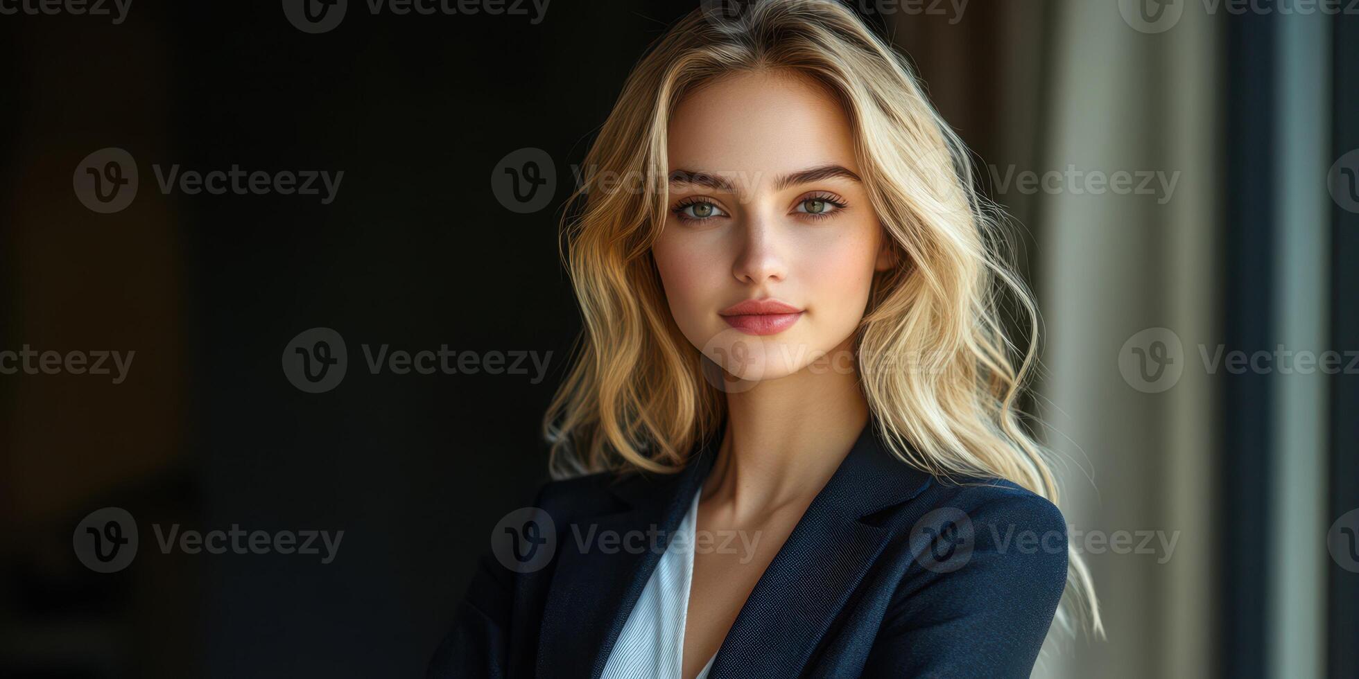 Confident young woman with blonde hair poses elegantly in a stylish indoor setting during daylight hours photo