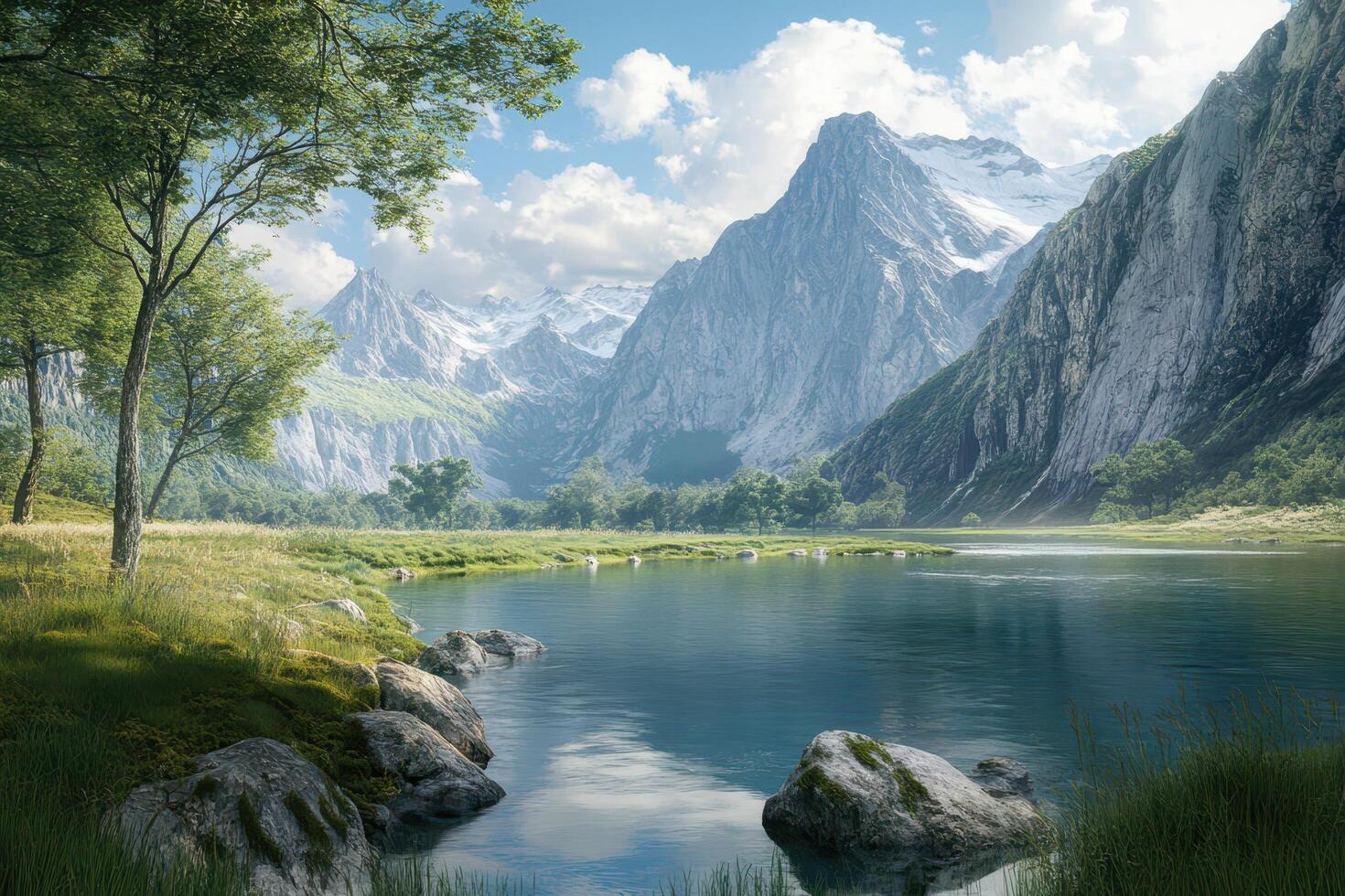 Serene Mountain Lake With Lush Green Valley photo